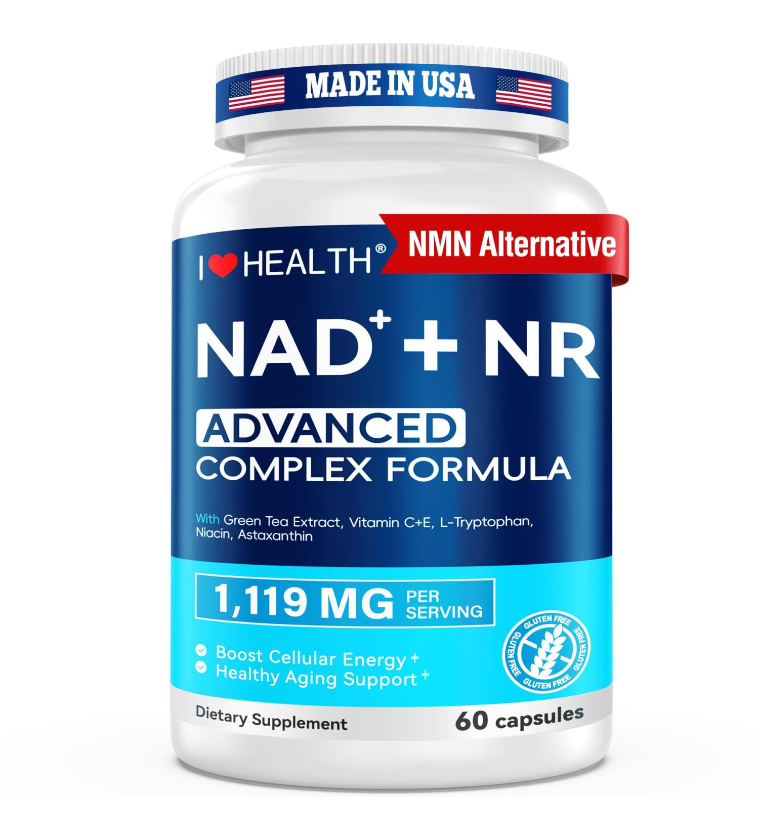 NAD Supplement 1119 mg with NR | Advanced Complex | NMN Alternative | Green Tea Extract + Astaxanthin | Anti-Aging Cellular Energy Support | 60 Capsules Made in USA - Buy Online on GoSupps.com