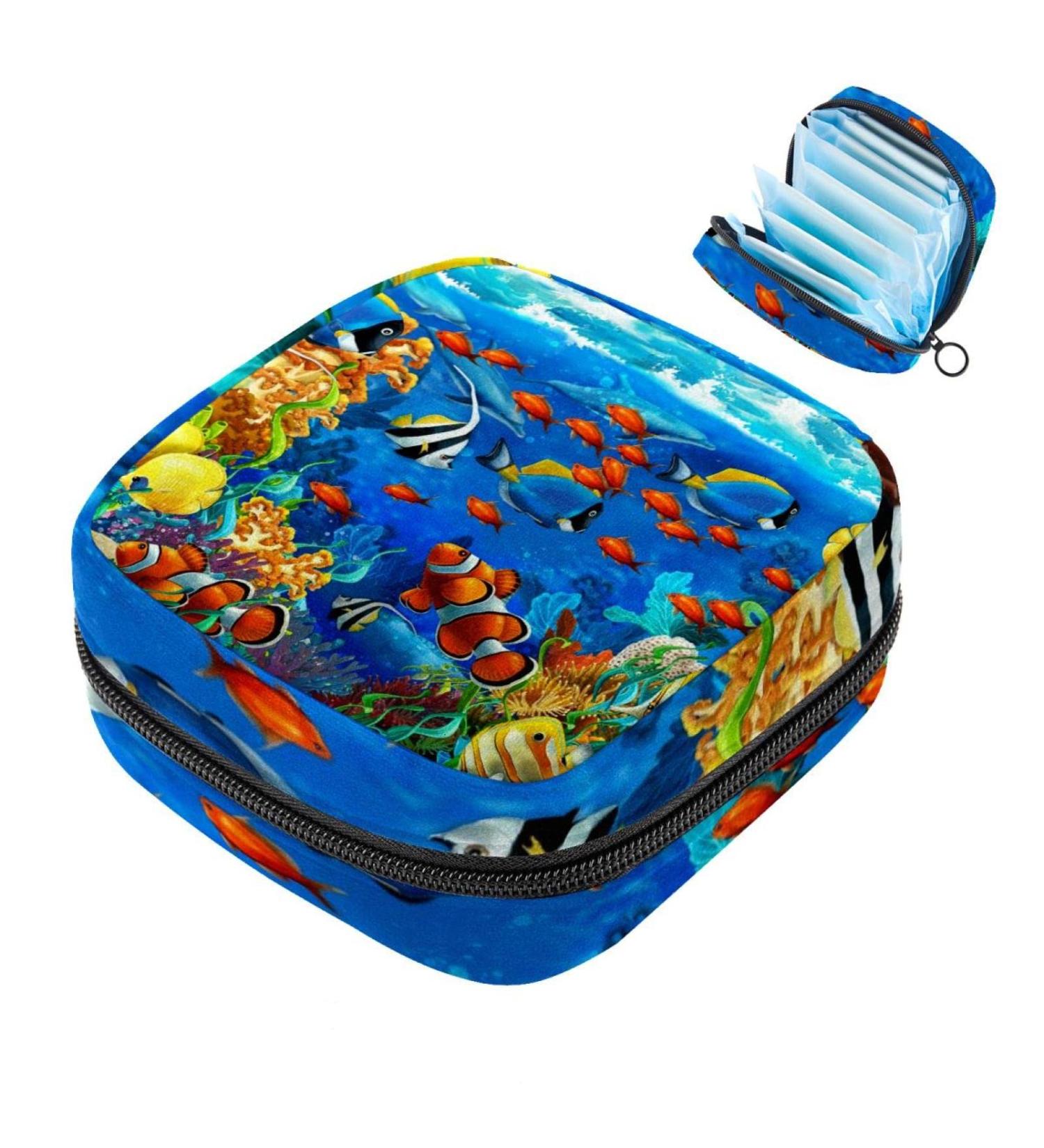Stylish Menstruation Pad Bag with Zipper | Women's Napkin & Tampon Collection Bag - Underwater Fish Design - Buy Online on GoSupps.com