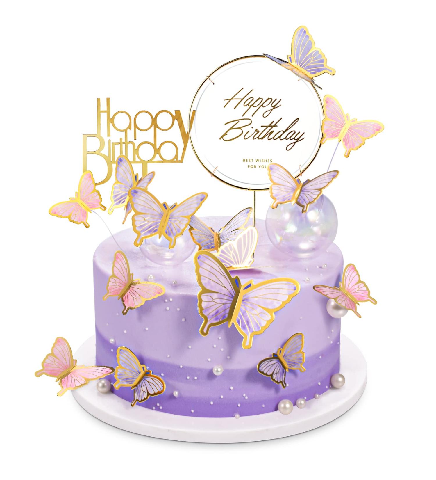 LANGPA 22-Piece Butterfly Cake Decorations & Happy Birthday Acrylic Toppers - Purple & Pink, Ideal for Baby Shower, Wedding & Birthday Party - Buy Online on GoSupps.com