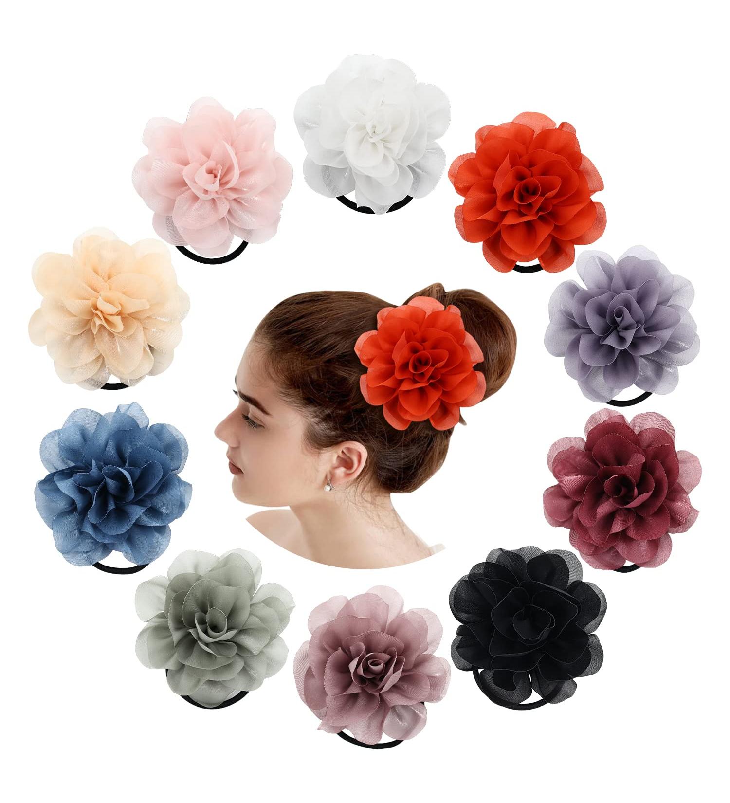 Cinaci 10 Pack Handmade 4 Big Chiffon Flower Elastic Hair Ties - Hair Accessories for Women & Girls - Buy Online on GoSupps.com
