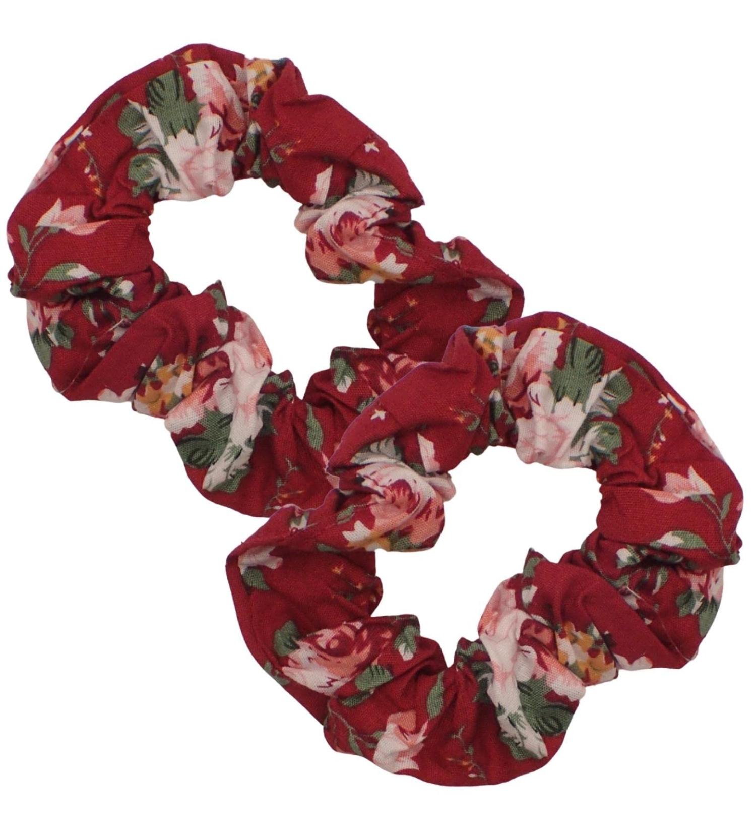 Topkids Accessories Set of 2 Floral Cotton Scrunchies for Girls & Women Hair Accessories for Ladies & Girls Hair Bobble Hair Band Scrunchie (Dark Red) - Buy Online on GoSupps.com