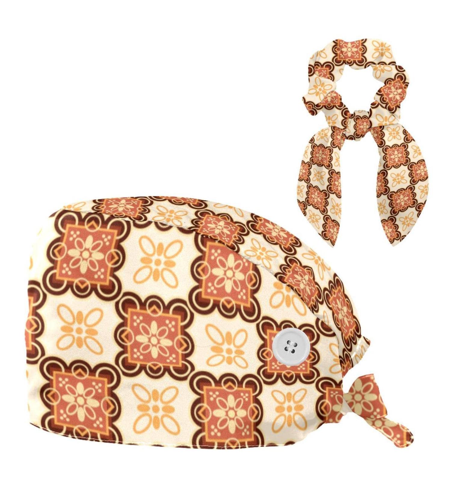 Multicoloured Floral Surgery Cap with Buttons and Bow - Elegant Bouffant Cap for Women with Long Hair - Buy Online on GoSupps.com