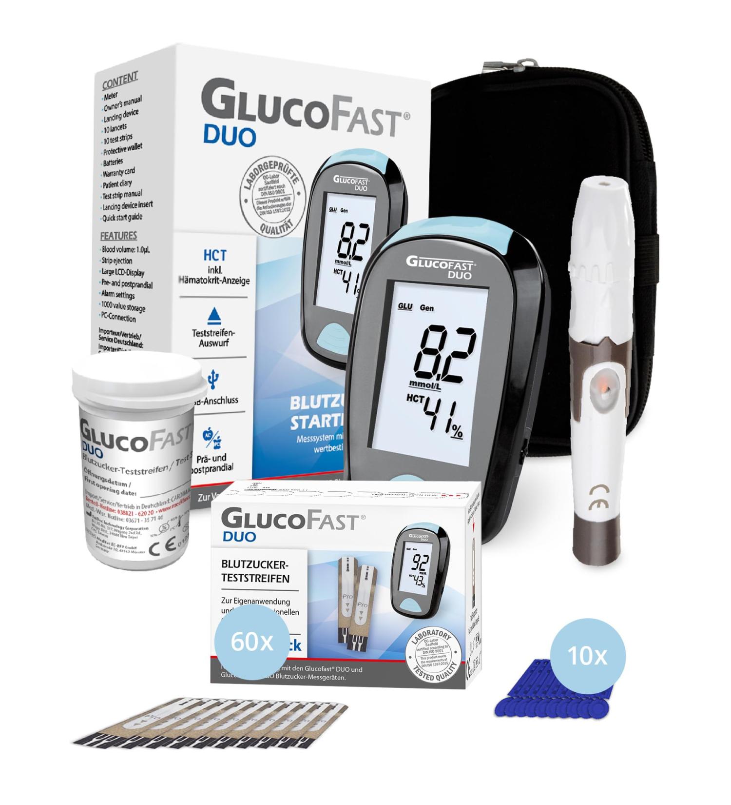 Gluco-Fist Duo Blood Sugar Measuring Device (MMOL/L) Set | 60 Test Strips & 10 Lancets | Certified High Accuracy Diabetes System | Easy to Use - Buy Online on GoSupps.com