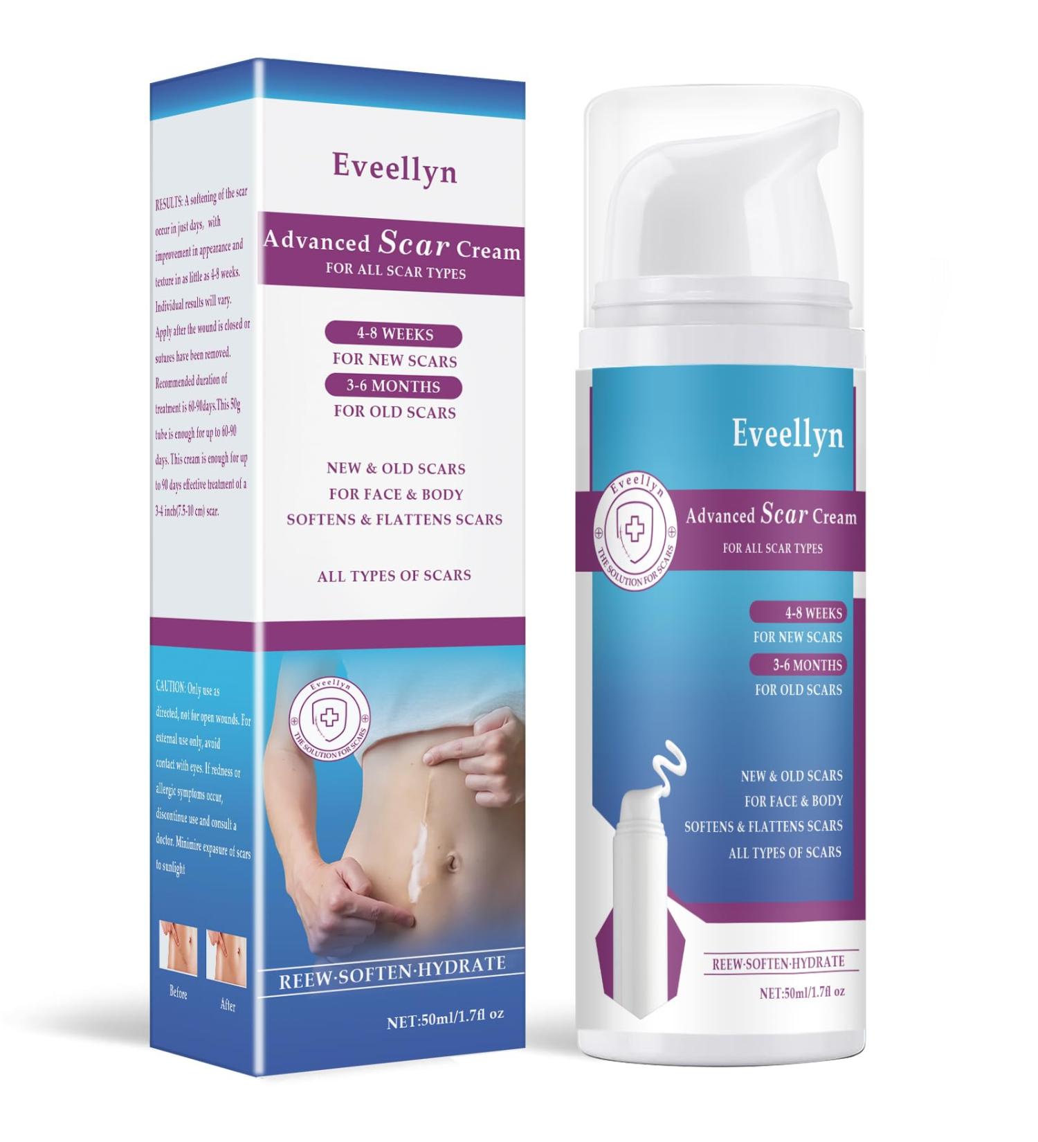 Eveellyn Scar Cream 1.7 oz - Professional Gel for Surgical, Stretch Mark, Keloid, C-Section, Burn, Acne & Old/New Scars Removal - Buy Online on GoSupps.com
