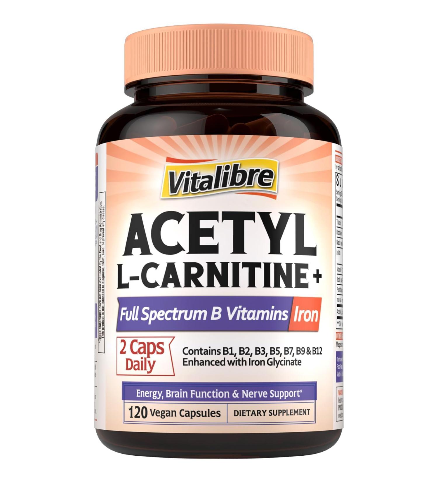 Acetyl-L-Carnitine HCl 1250mg with B1 B2 Niacin Biotin Folic Acid Methyl B12 B5 & Iron B Vitamins High Potency Energy Brain Support 120 Vegan Caps 120 Count (Pack of 1) - Buy Online on GoSupps.com