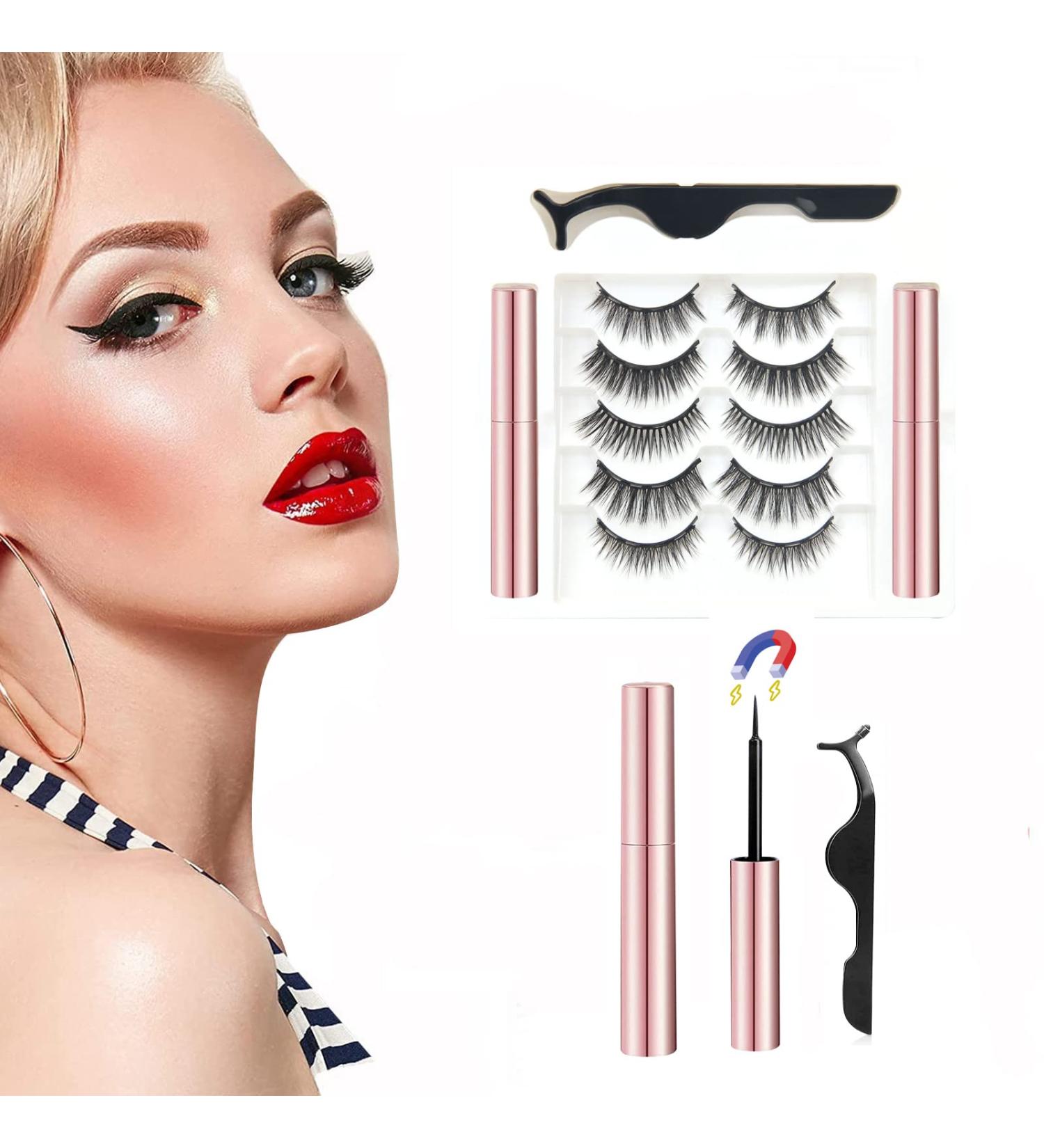 ZHENTIAN Magnetic Adhesive False Eyelashes 3D Natural Reusable Magnetic Eyelashes Waterproof Smooth No Glue Required 5 Pairs Magnetic Eyelashes-Two Magnetic Eyeliners - Buy Online on GoSupps.com