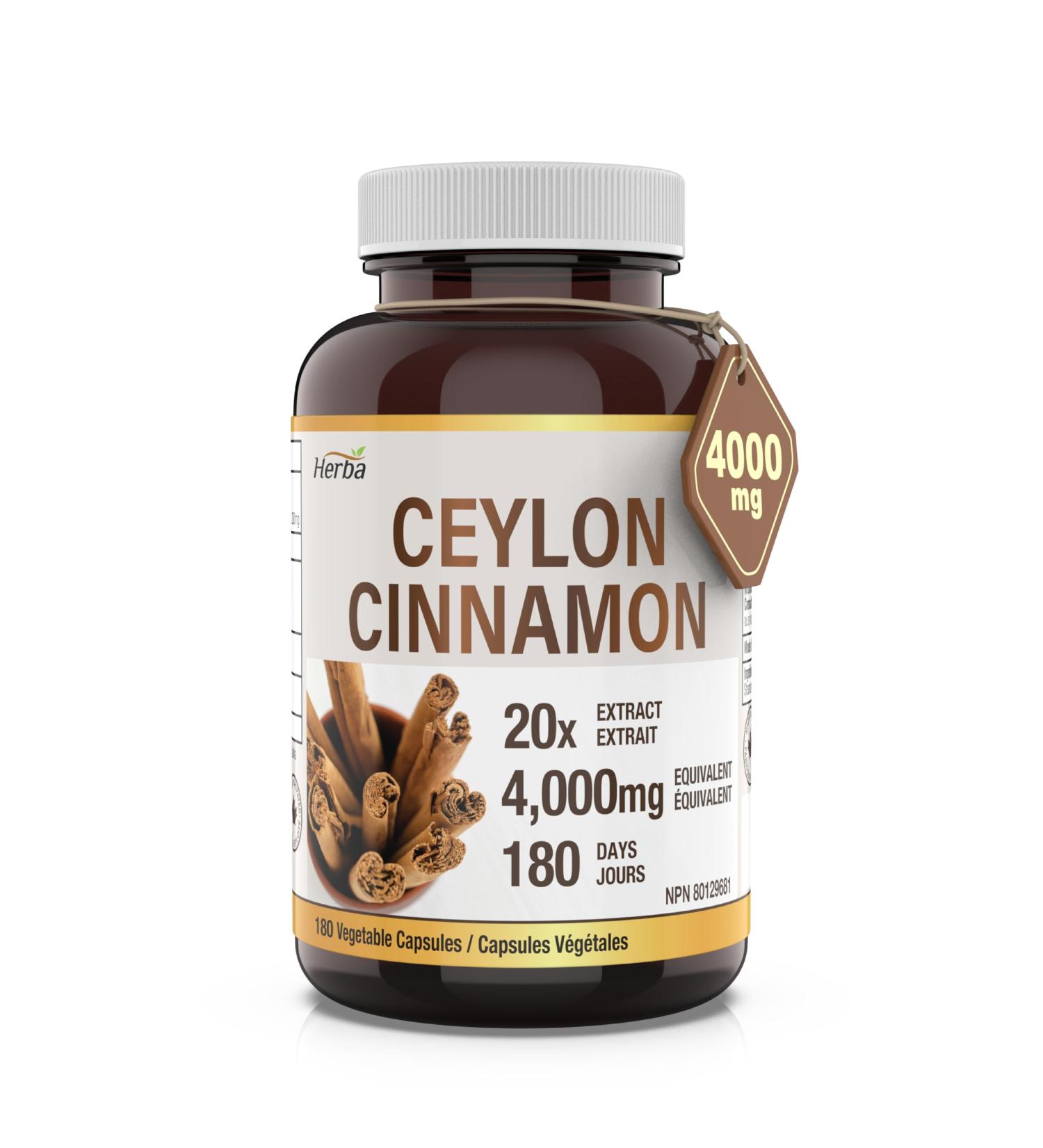 Herba Ceylon Cinnamon Capsules 4000mg - 180 Vegetable Capsules | Powerful 20:1 Extract from Sri Lanka | Equivalent to 4 000mg Dry Ceylon Cinnamon Powder | Made in Canada - Buy Online on GoSupps.com