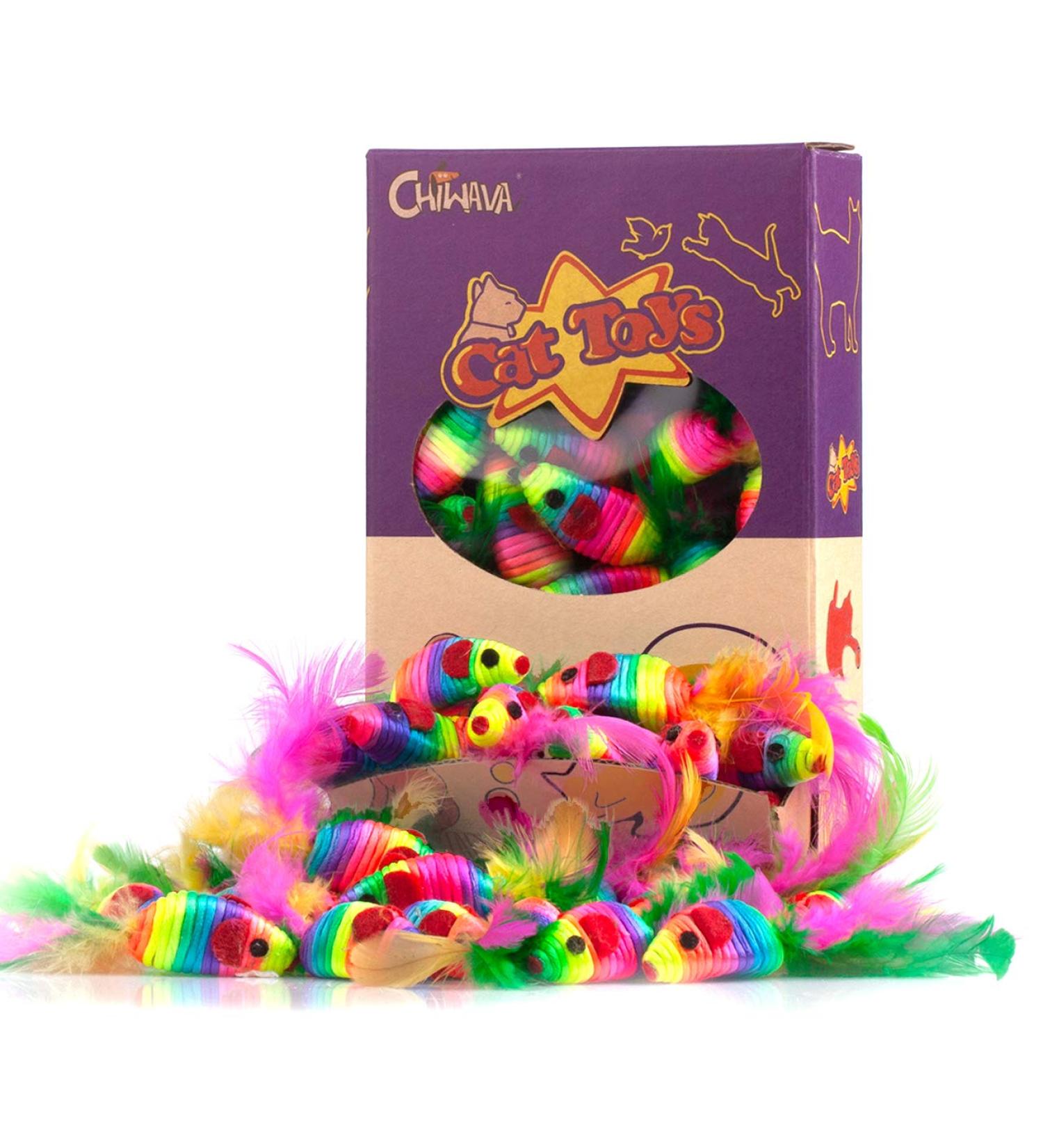 Chiwava 24PCS 5 Rattle Cat Toys with Feather Rainbow Rope - Interactive Mouse Kitten Toy - Buy Online on GoSupps.com