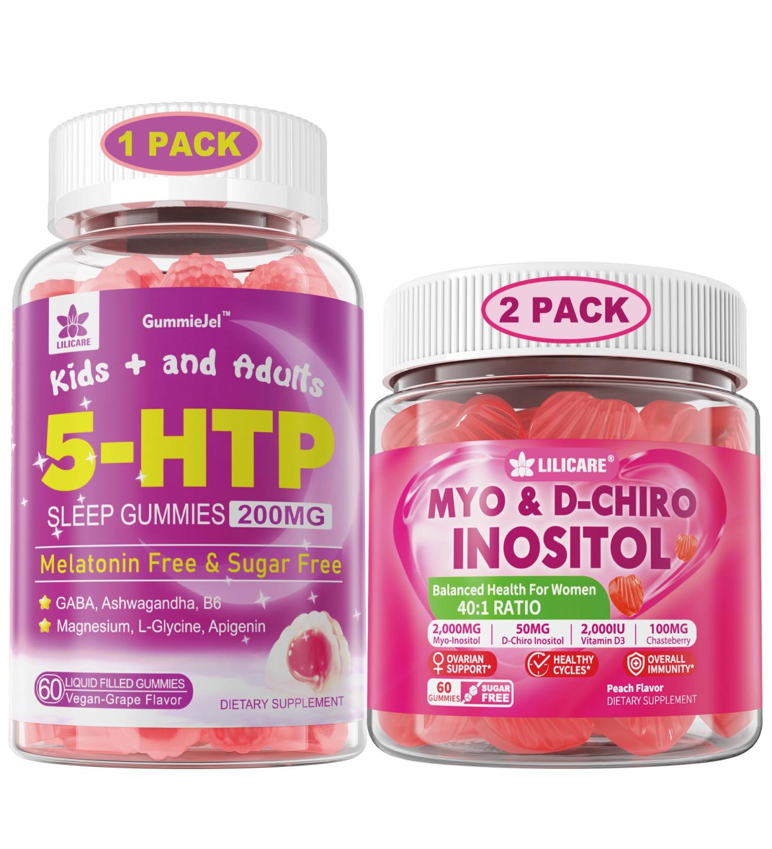 LILICARE Bundle: 5HTP Gummies with Magnesium Glycinate - Melatonin Free Sleep Gummies for Adults & Kids 8+ & Inositol Gummies Ideal 40:1 Ratio Myo & D-Chiro Inositol Supplement - Buy Online on GoSupps.com