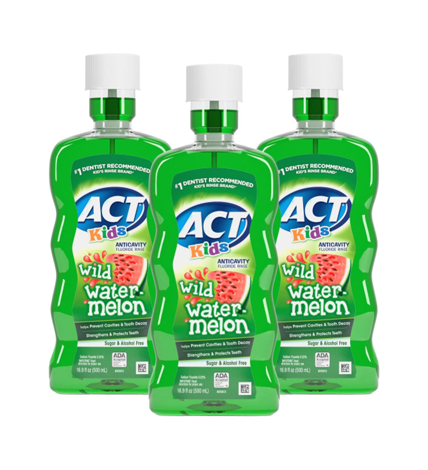 ACT Kids Anticavity Fluoride Mouthwash Sugar & Alcohol Free Mouth Rinse Strengthens Teeth Wild Watermelon 16.9 fl. oz.(Pack of 3)
