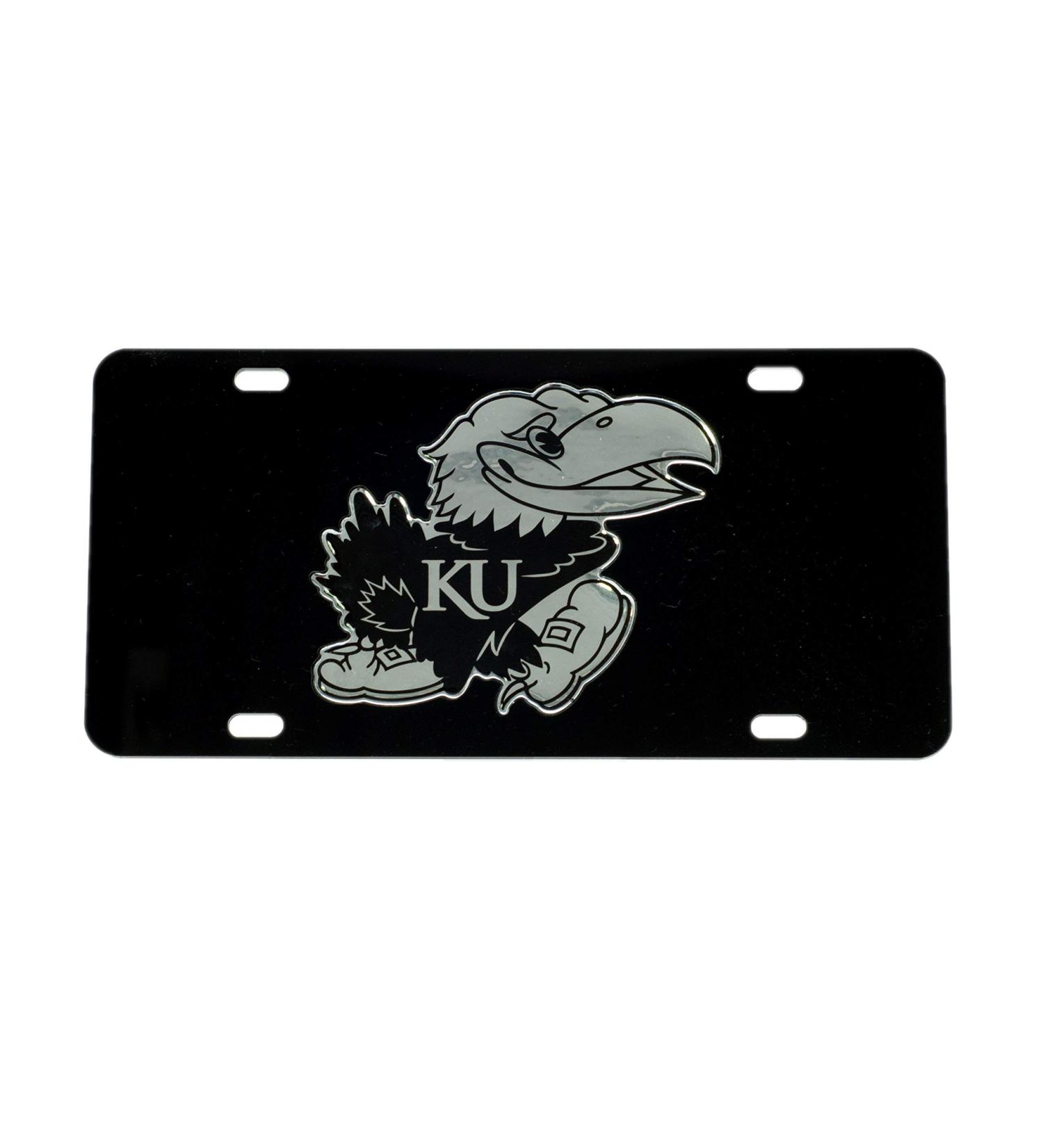 KU Kansas Black Jayhawk Mirrored License Plate Tag