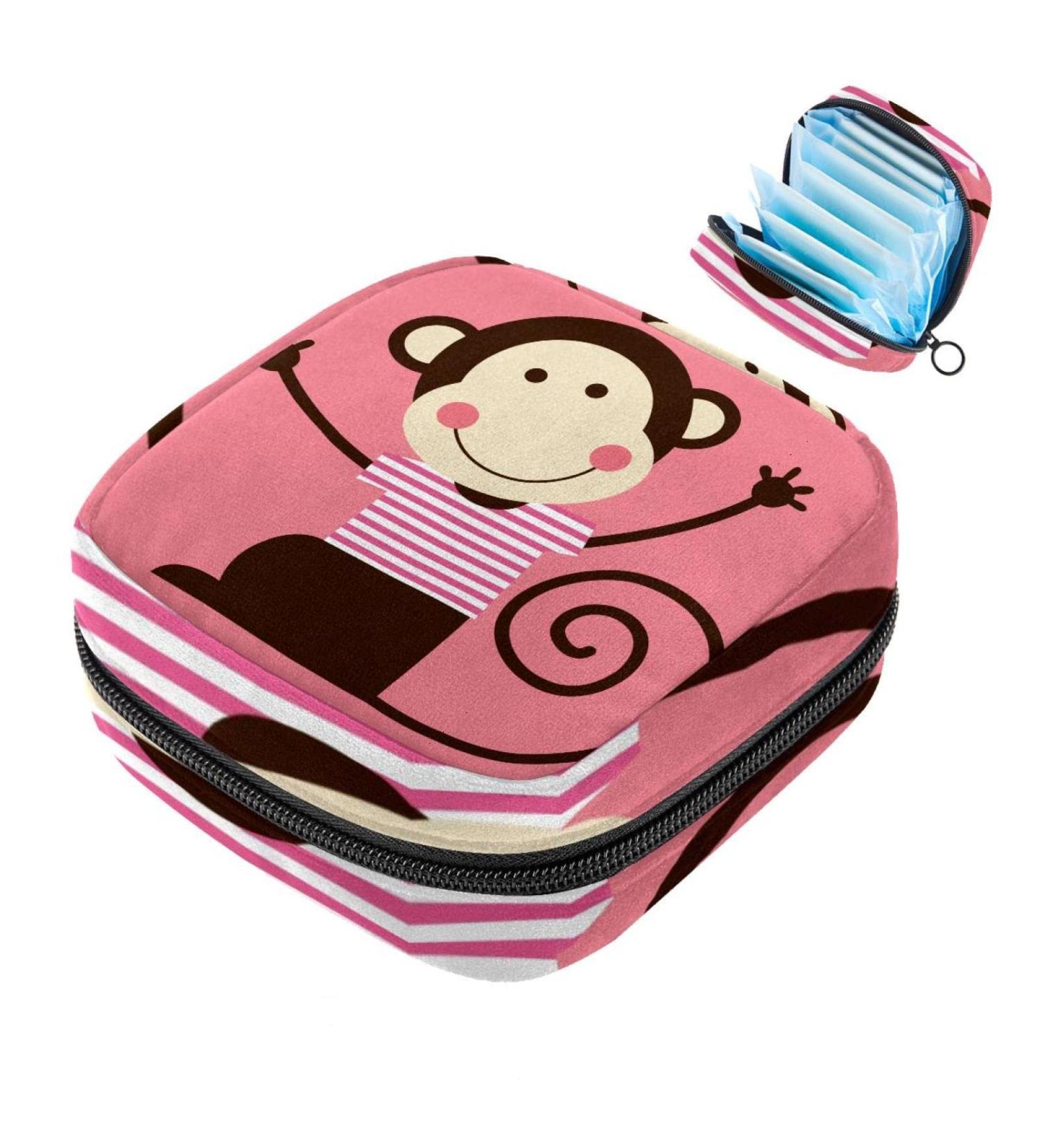 Menstruation Pad Bag with Zipper - Cute Animal Monkey Design for Women & Girls | Stylish Tampon & Napkin Organizer - Buy Online on GoSupps.com