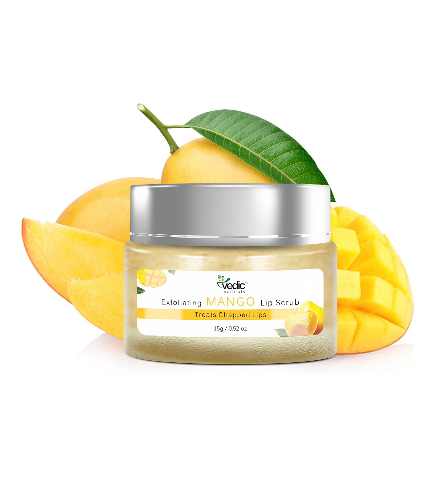 Vedic Naturals Exfoliating Mango Lip Scrub 15g - Treat Chapped Lips, Reduce Pigmentation | Enriched with Mango, Kokum & Shea Butter - Buy Online on GoSupps.com