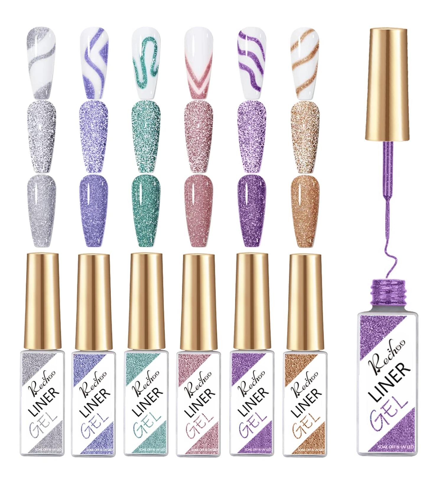 Rechoo 6PCS Reflective Glitter Nail Polish Gel Set - Sparkly UV Gel for Nail Art Design 8ml Diamond Glitter Colors for Drawing Lines - Buy Online on GoSupps.com
