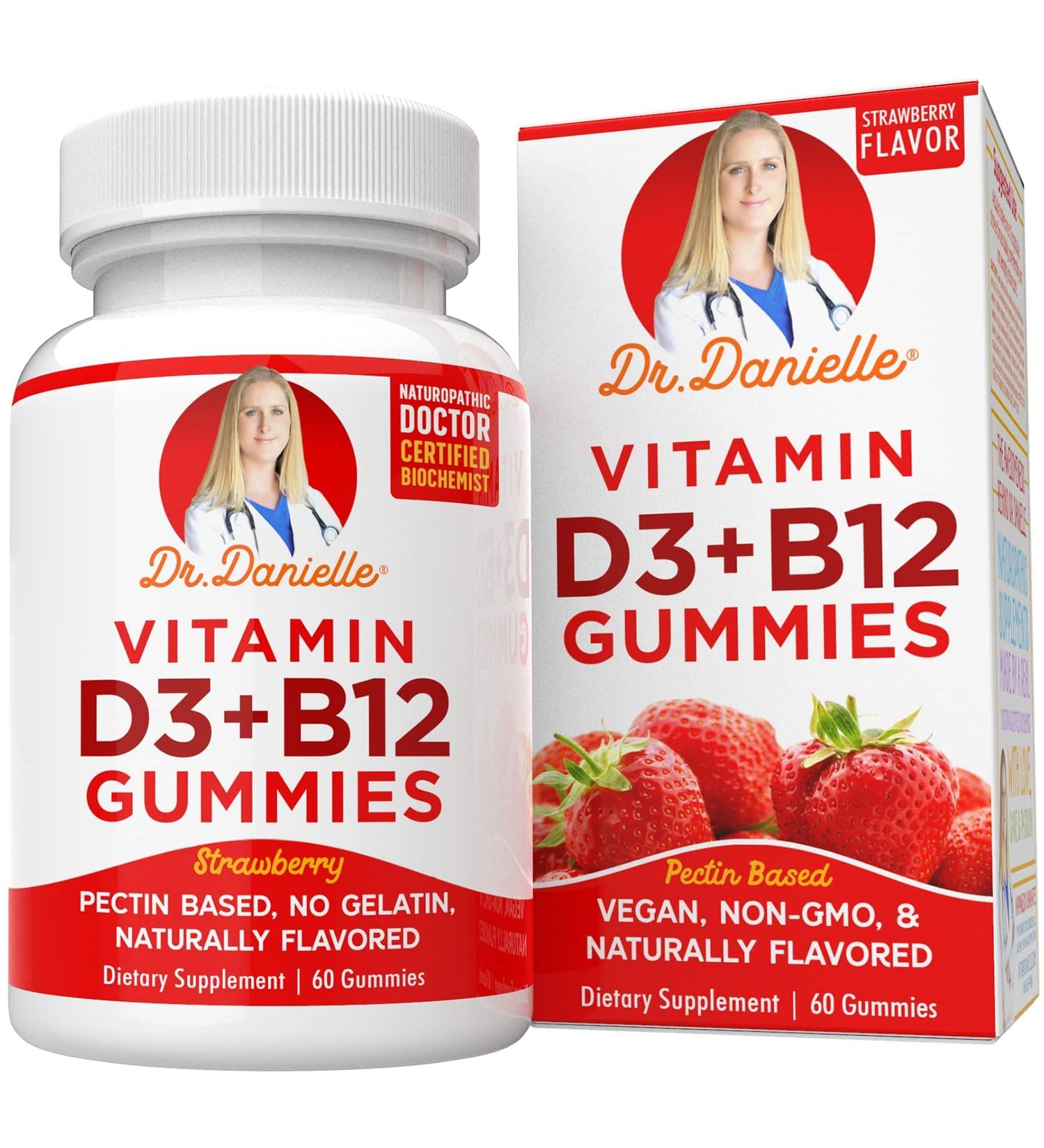 Dr. Danielle Vitamin D3 B12 Gummies - Vegan Daily Supplement for Adults & Kids - Non-GMO - 1000 IU D3 & 250 mcg B12 - 2 Month Supply (60 Gummies) - Buy Online on GoSupps.com
