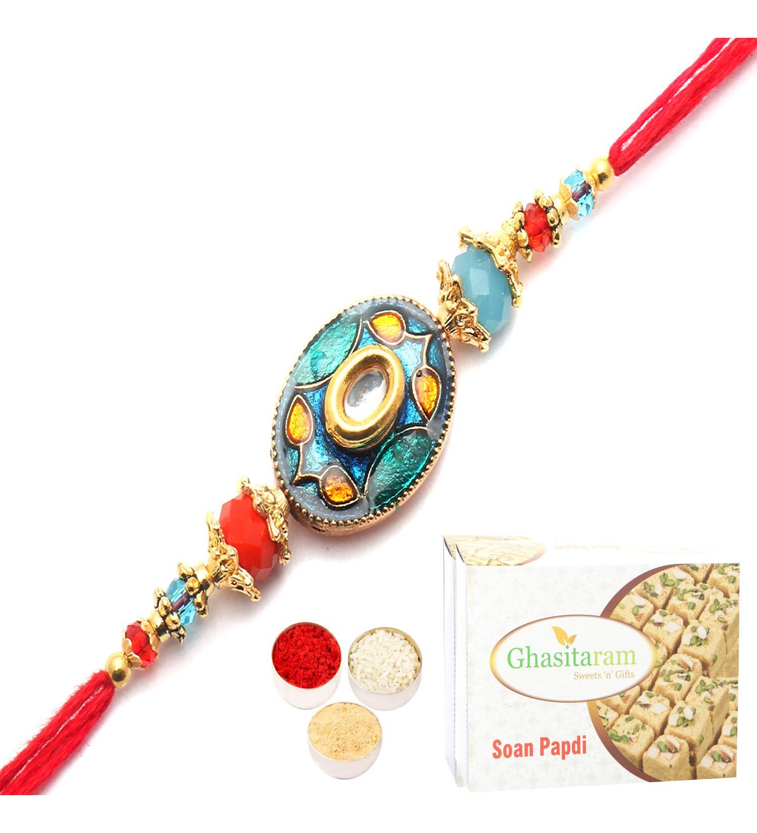 Ghasitaram Gifts Rakhi for Brother Rakhis Online - Solace of Brother Sister Bonding Rakhi with 200 GMS of Soan Papdi - Buy Online on GoSupps.com