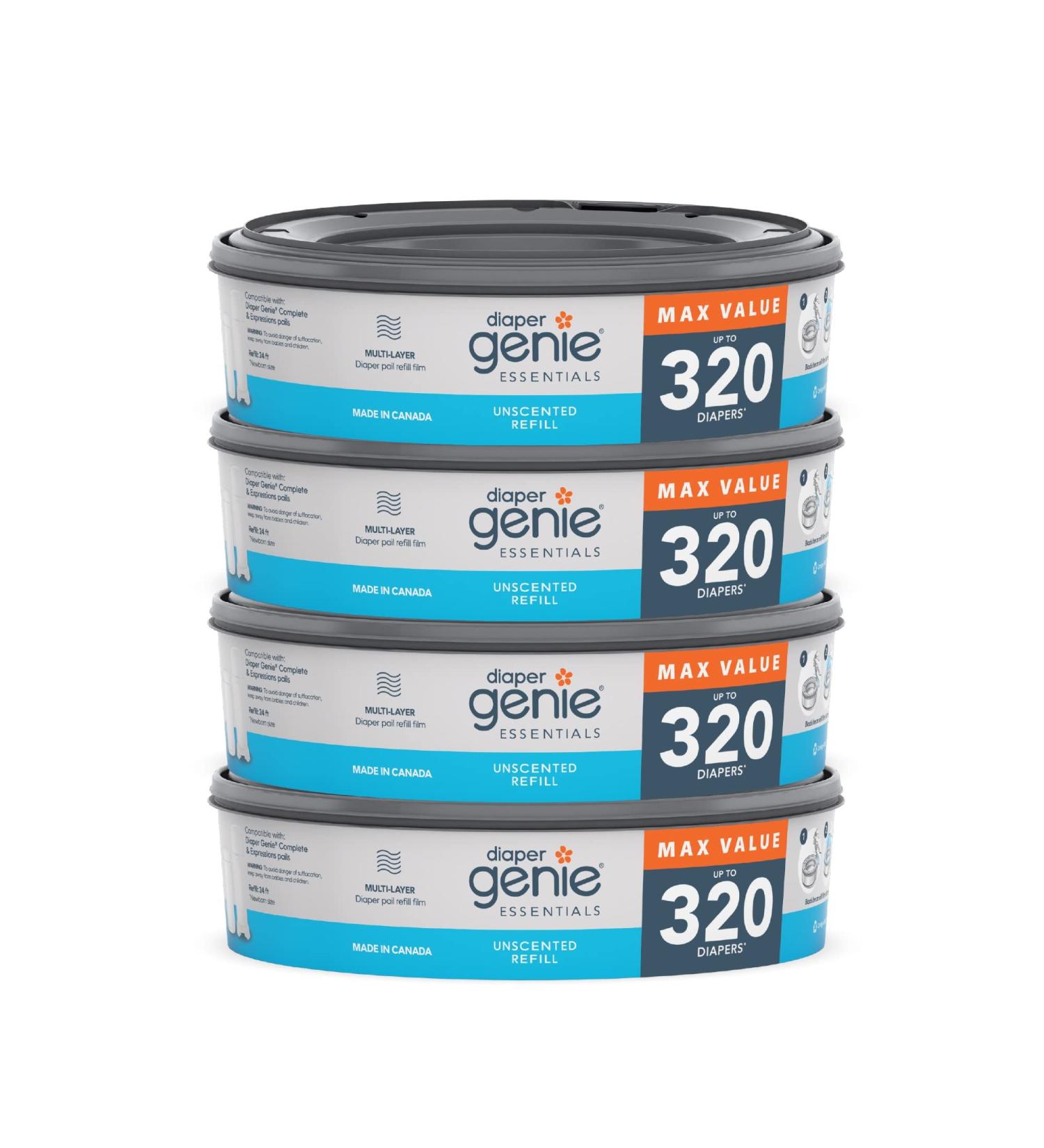 Diaper Genie Essentials Round Refill 4-Pack | Unscented Film | 1280 Diaper Capacity | Compatible with Diaper Genie Pails | 320 Count (4-Pack) - Buy Online on GoSupps.com
