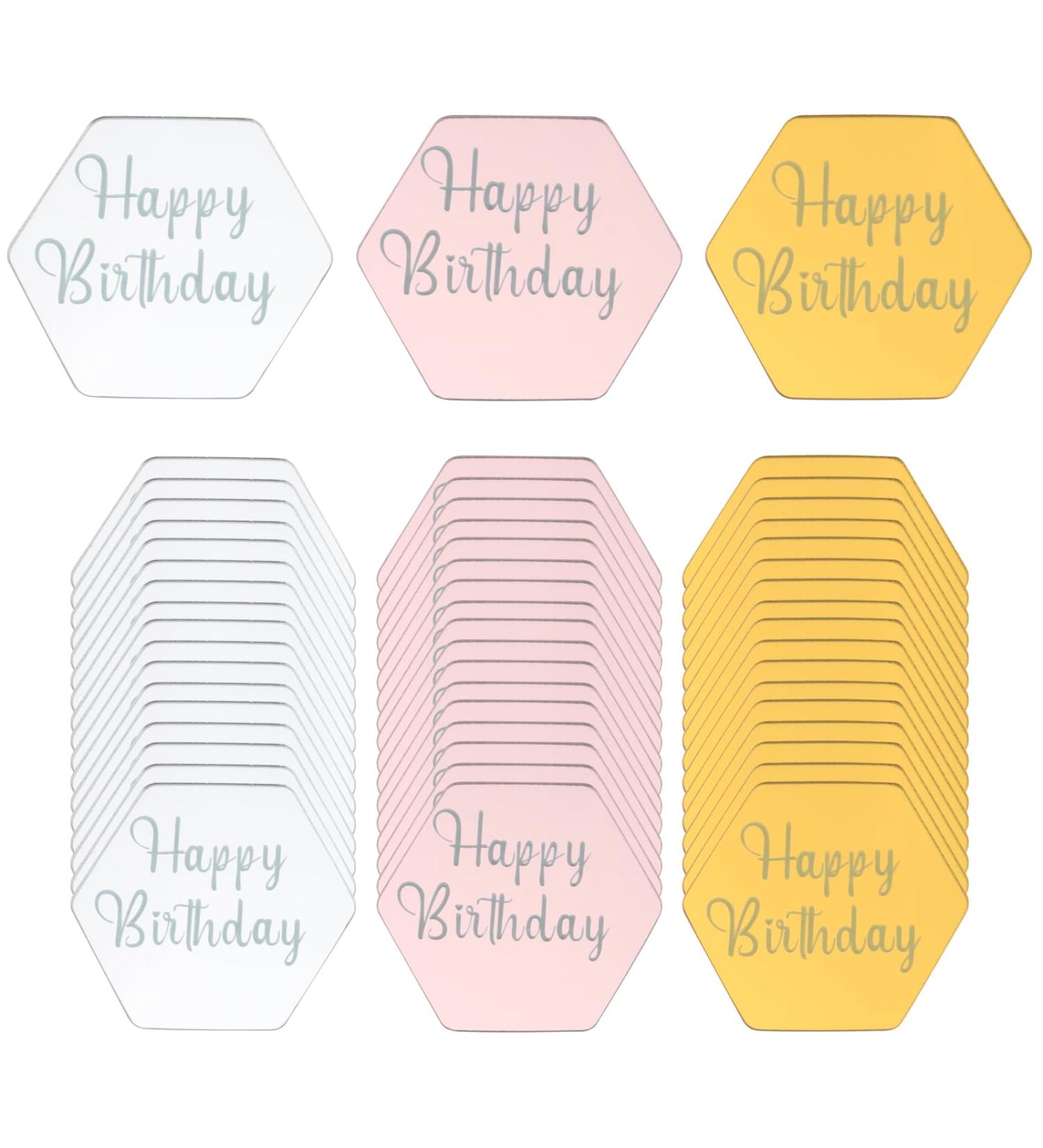PINGEUI 60 PCS Acrylic Happy Birthday Cake Toppers Hexagon Personalised Cupcake Toppers Mini Cupcake Disc Toppers for Birthday Party Gold Silver Rose Gold - Buy Online on GoSupps.com