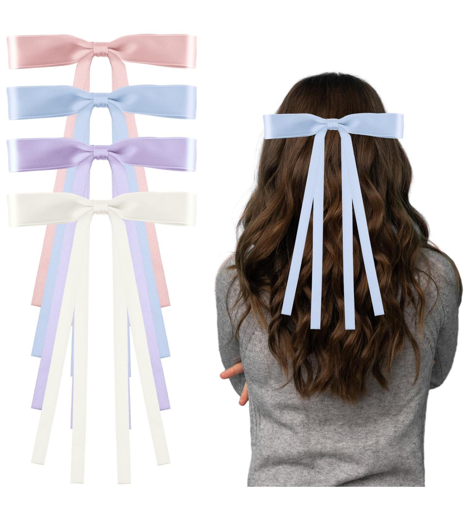 Andibro Silky Satin Hair Bows with Tassel 4 colors Hair Ribbon Barrettes Satin Bowknots Hair Pins Cute Princess Hair Bows French Clips Ponytail Holder Aesthetic Hair Accessories for Women Girls(B) - Buy Online on GoSupps.com