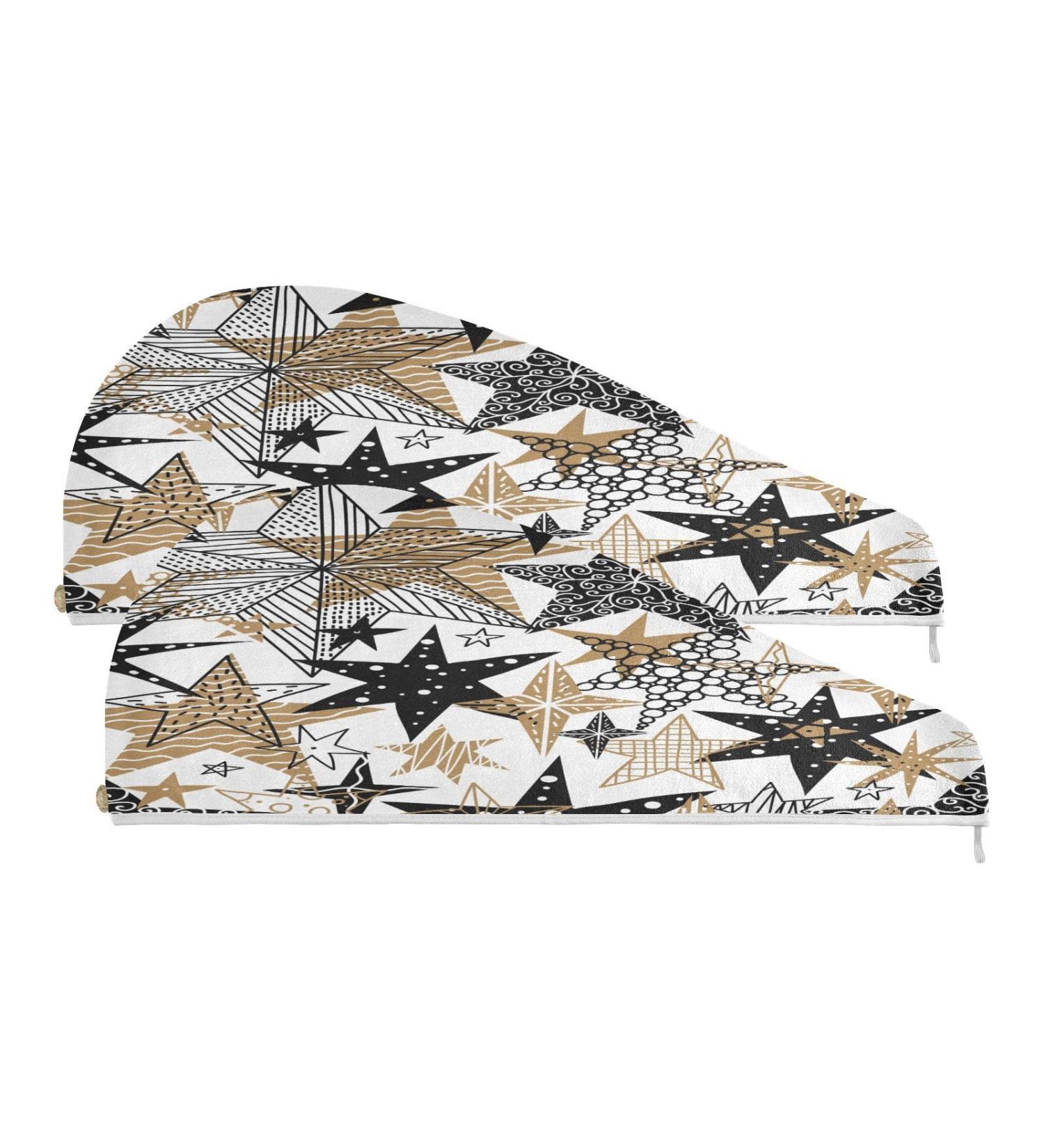 Black and Gold Doodle Stars Dry Hair Cap | 2 Piece Quick Drying Towel Set with Button Headband | Super Absorbent & Soft Towel for Fast Hair Drying - Buy Online on GoSupps.com