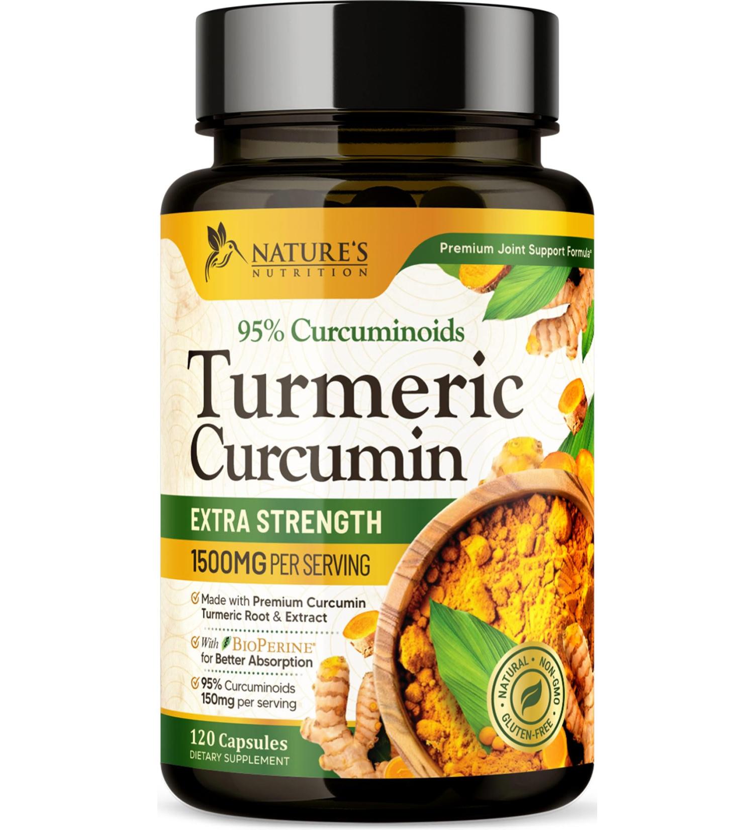 Turmeric Curcumin Supplement 1500mg - Organic Tumeric & BioPerine Black Pepper for Best Absorption with 95% Curcuminoids Nature's Joint & Immune Support Non-GMO Bottled in USA - 120 Capsules 120 Count (Pack of 1) - Buy Online on GoSupps.com