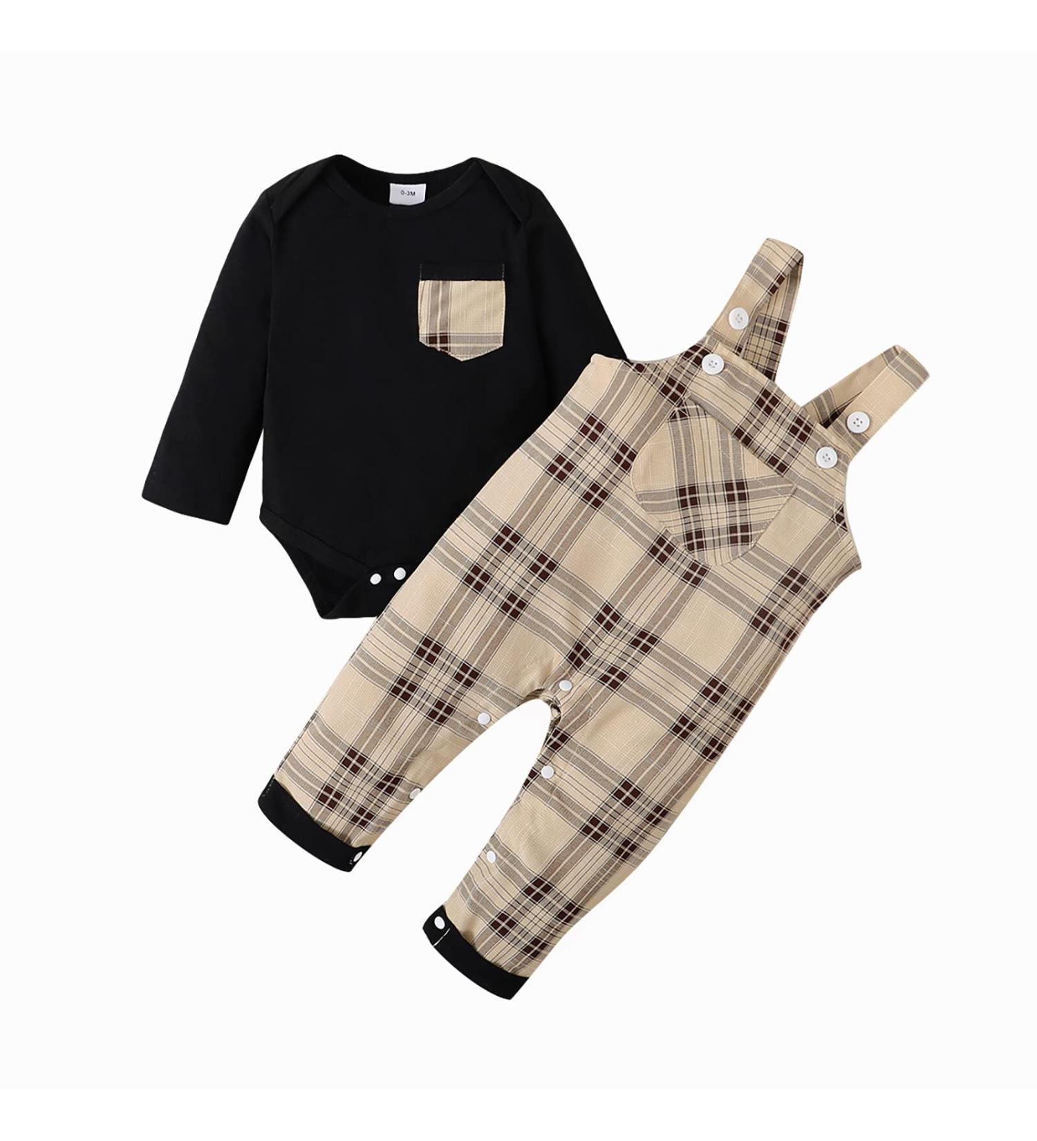 Puseky Baby Boy Long Sleeve Romper with Plaid Suspender Overall Pants | 12-18 Months | Black - Buy Online on GoSupps.com