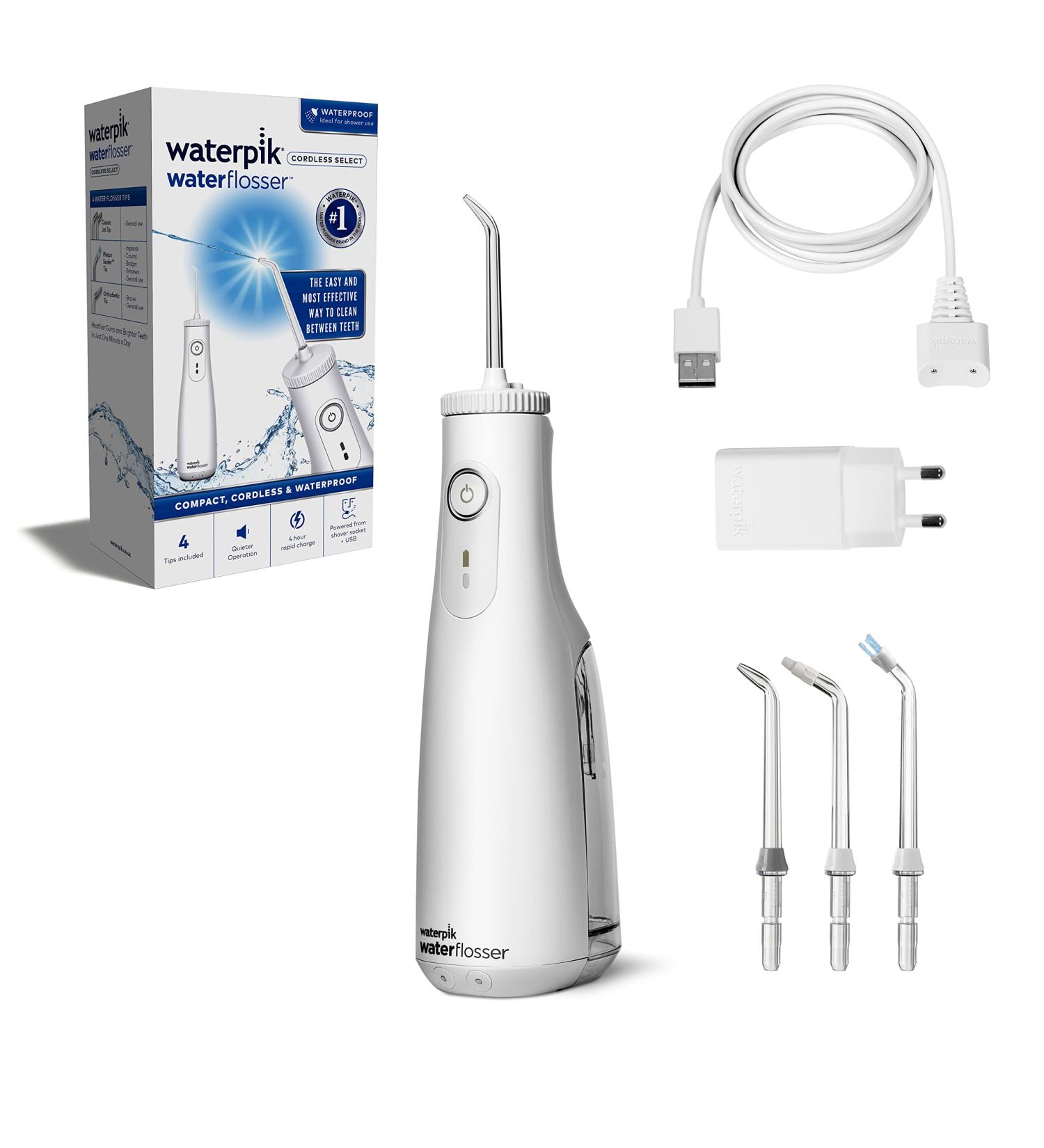 Waterpik White Cordless Select Water Flosser | Improve Gum Health | Removes Plaque | 360-Degree Tip Rotation | Global Voltage | Safe for Implants, Crowns & Veneers | USB Charger (WF-10 UK) - Buy Online on GoSupps.com