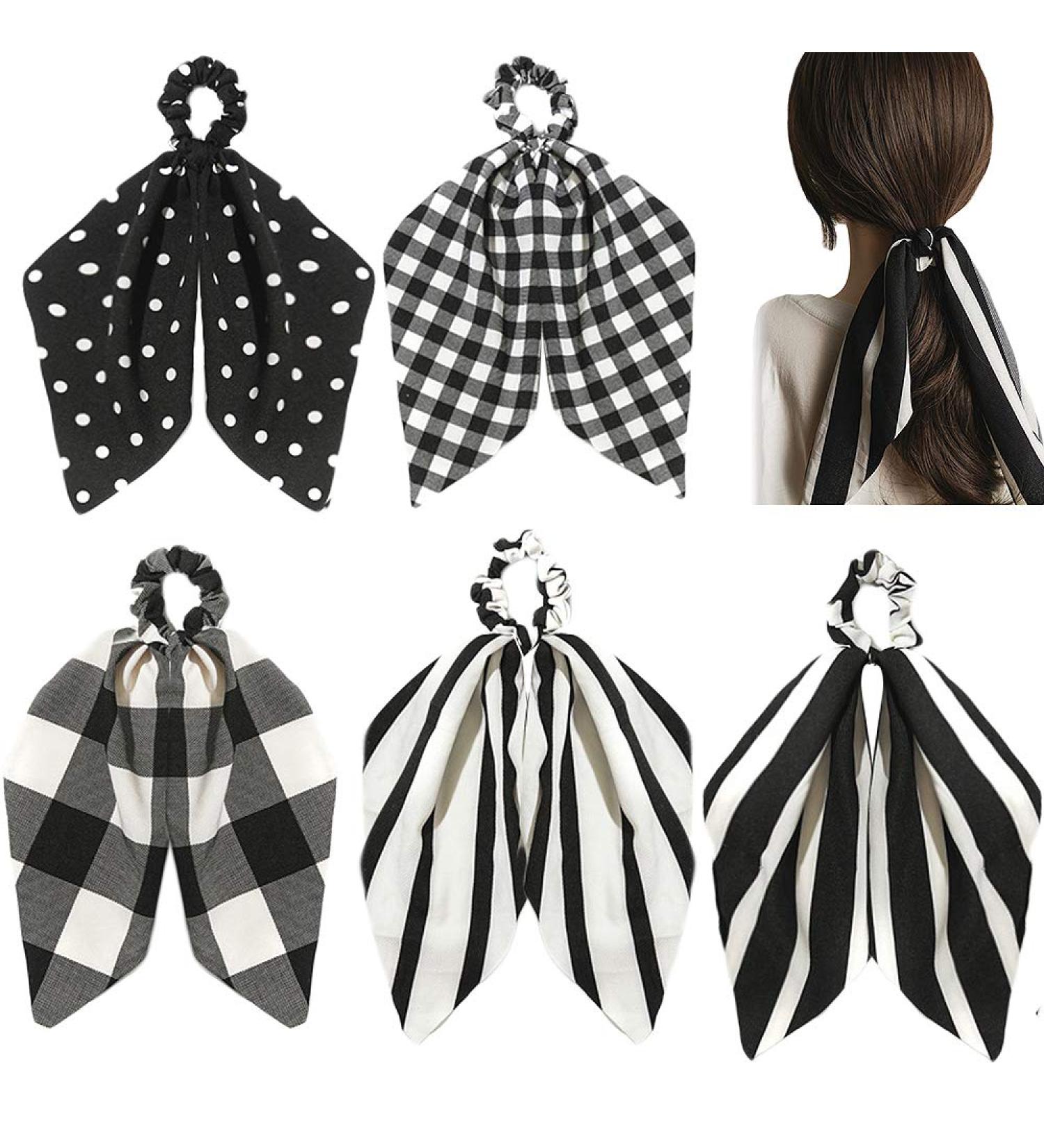 Black White Hair Scarf Scrunchies with Tail - Elastic Ponytail Bands for Women - Buy Online on GoSupps.com
