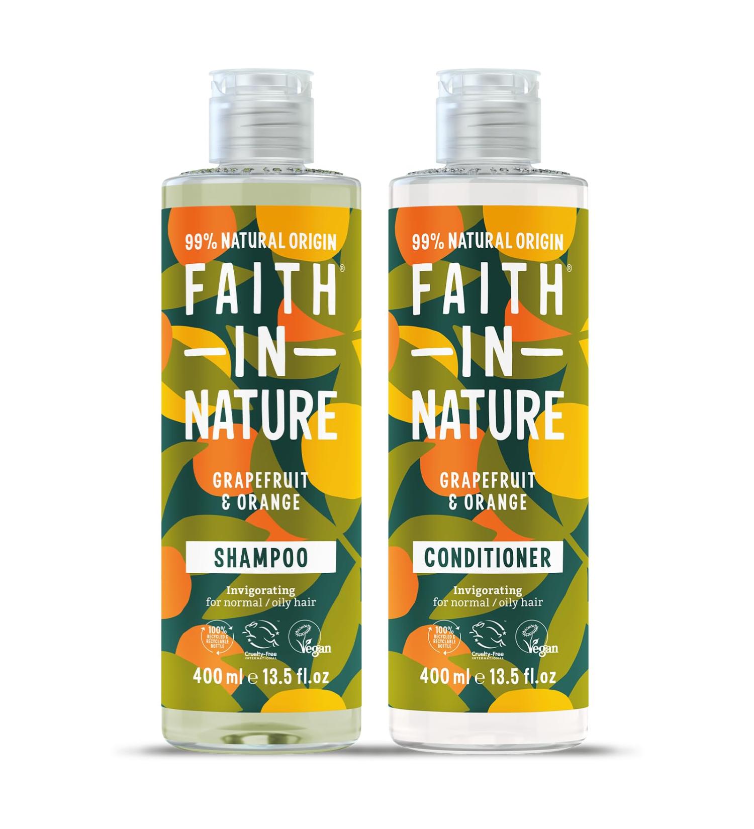 Faith In Nature Natural Grapefruit & Orange Shampoo and Conditioner Set Invigorating Vegan & Cruelty Free No SLS or Parabens For Normal to Oily Hair 2 x 400ml Pack