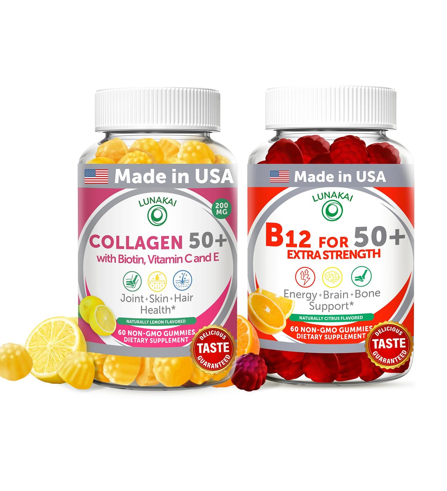 Lunakai USA Made Collagen & B12 Gummies Bundle for Adults 50+ Supports Skin Hair Joint Health & Energy Non-GMO Delicious Lemon & Orange Flavors 60ct Each - Buy Online on GoSupps.com