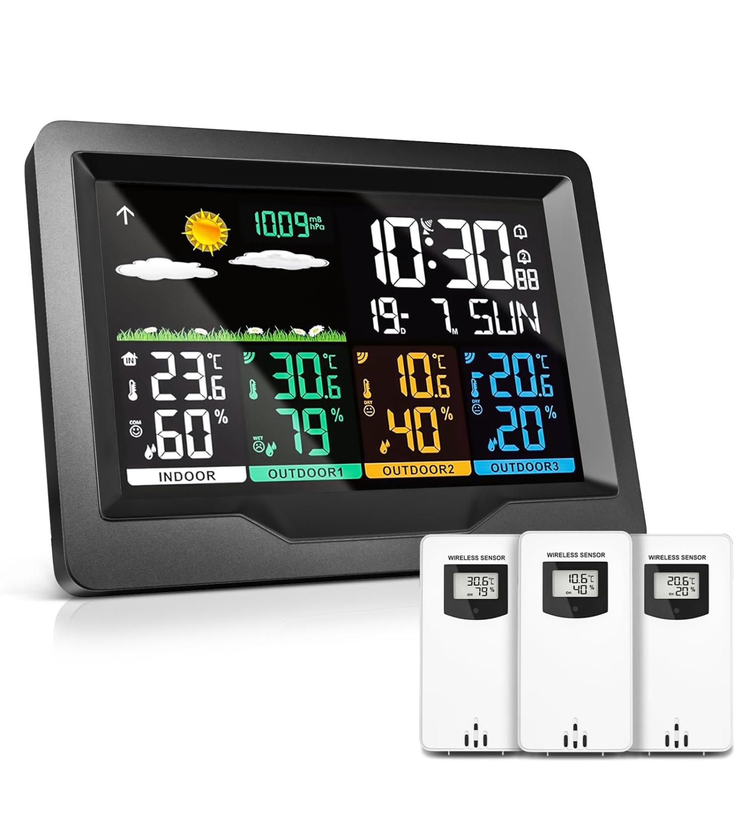 Oule GmbH Weatherstation Funk - 3 Outdoor Sensors Indoor/Outdoor Thermometer Hygrometer & Weather Forecast - DCF Radio Clock - International Shipping Available - Buy Online on GoSupps.com