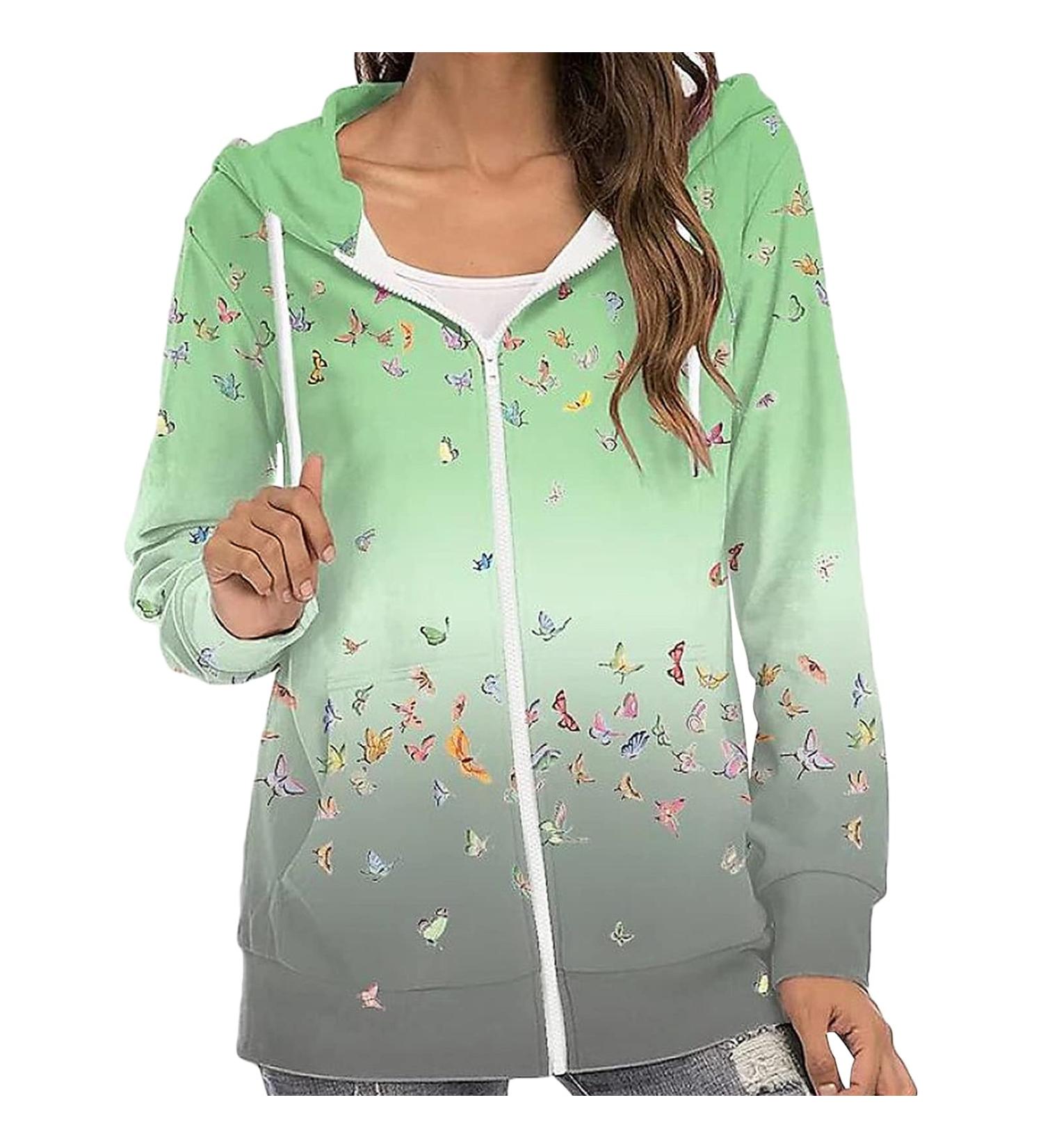 Soluo Women's Print Zip-Up Hoodie Lightweight Graphic Hooded Sweatshirt Casual Full Zipper Punk Goth Jacket Cardigan Tops Green 3X-Large