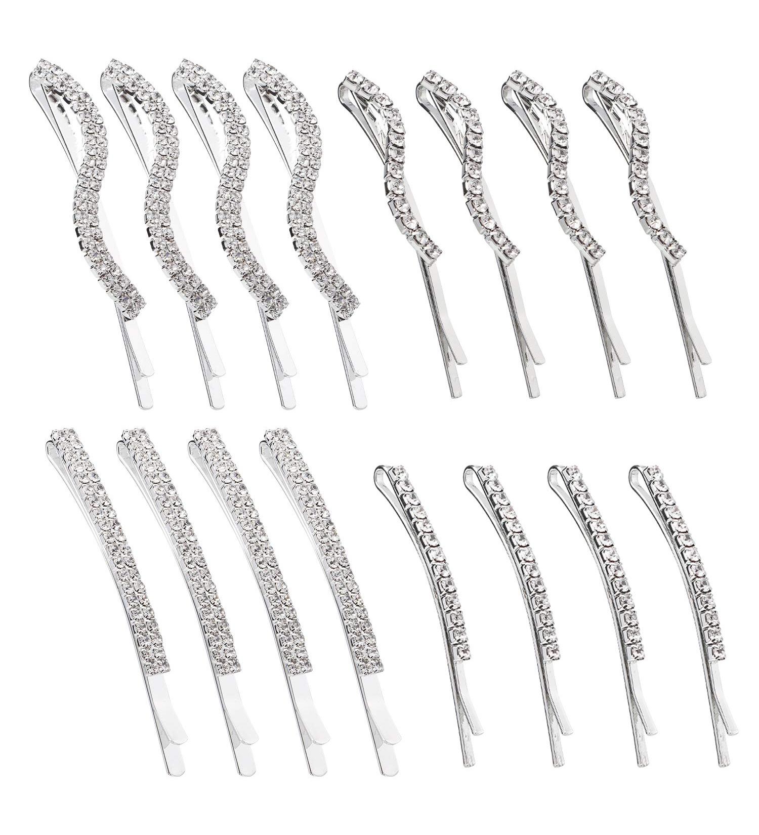 Folansy 16-Piece Clear Rhinestone Bobby Pin Set for Women - Crystal Hair Clips in 4 Styles, Silver - Buy Online on GoSupps.com