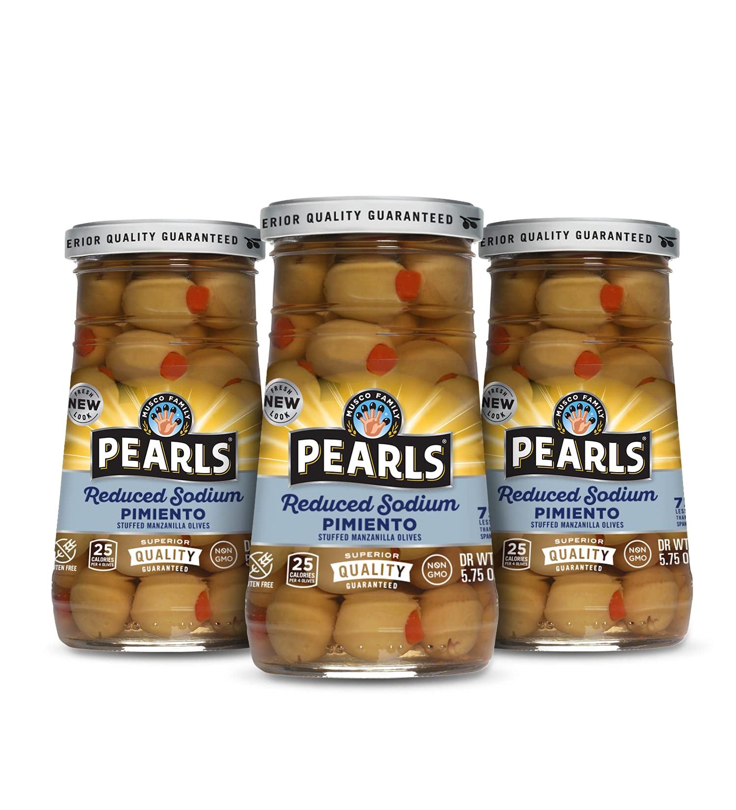 Pearls Reduced Salt Pimiento Stuffed Manzanilla Green Olives  5.75oz Pack of 3 Jars Reduced Salt Pimiento Stuffed Manzanilla Olives - Buy Online on GoSupps.com