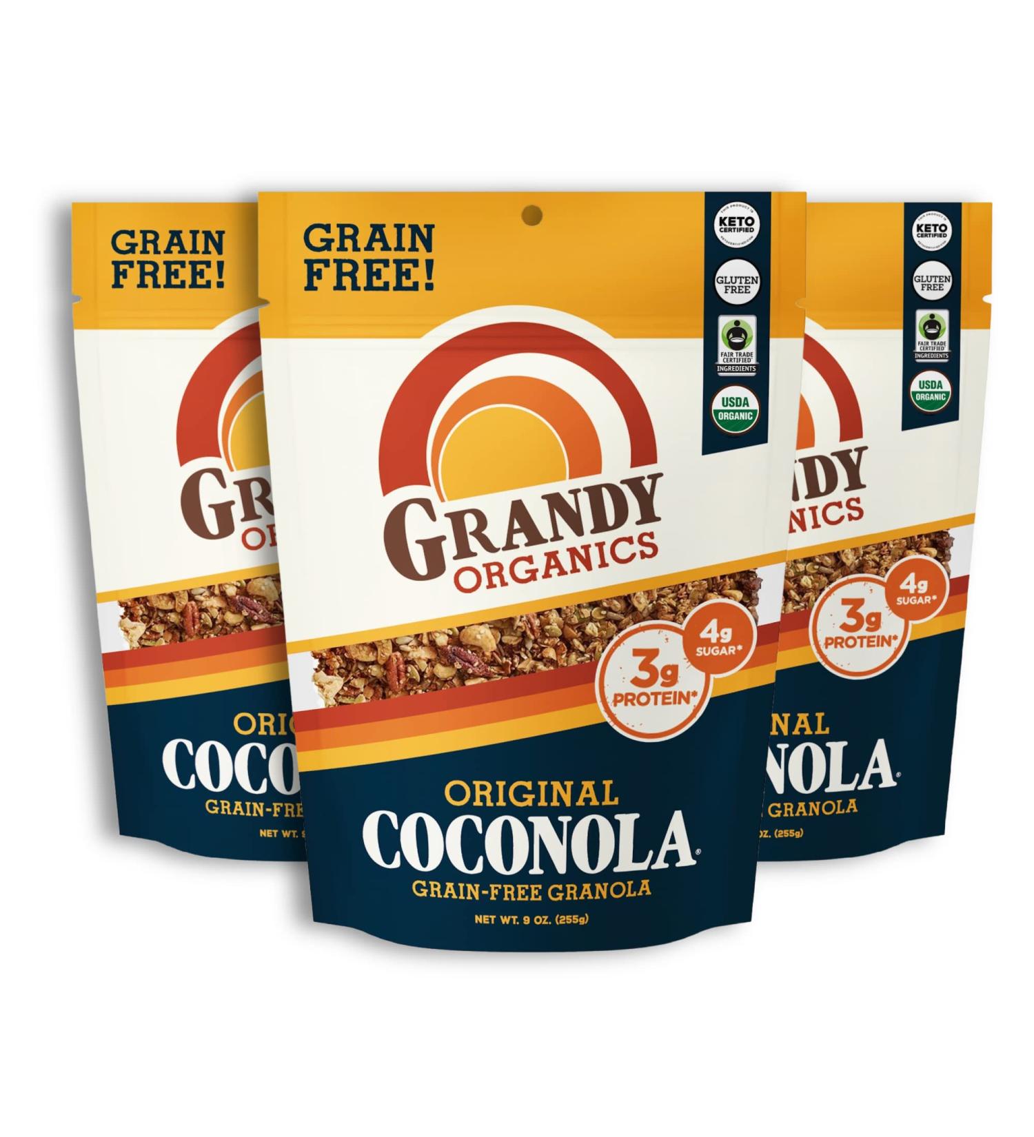 Grandy Organics Original Coconola Gluten Free Granola - Certified Organic, Keto & Paleo Friendly, Non-GMO - 9oz Bags, Bulk Pack of 3 - Buy Online on GoSupps.com