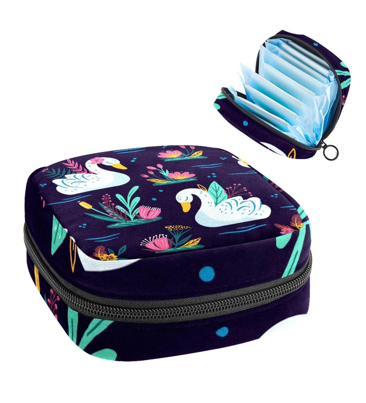 White Swan Floral Sanitary Napkin Storage Bag - Portable Period Pouch for Women & Teens - Multi-colored - Buy Online on GoSupps.com