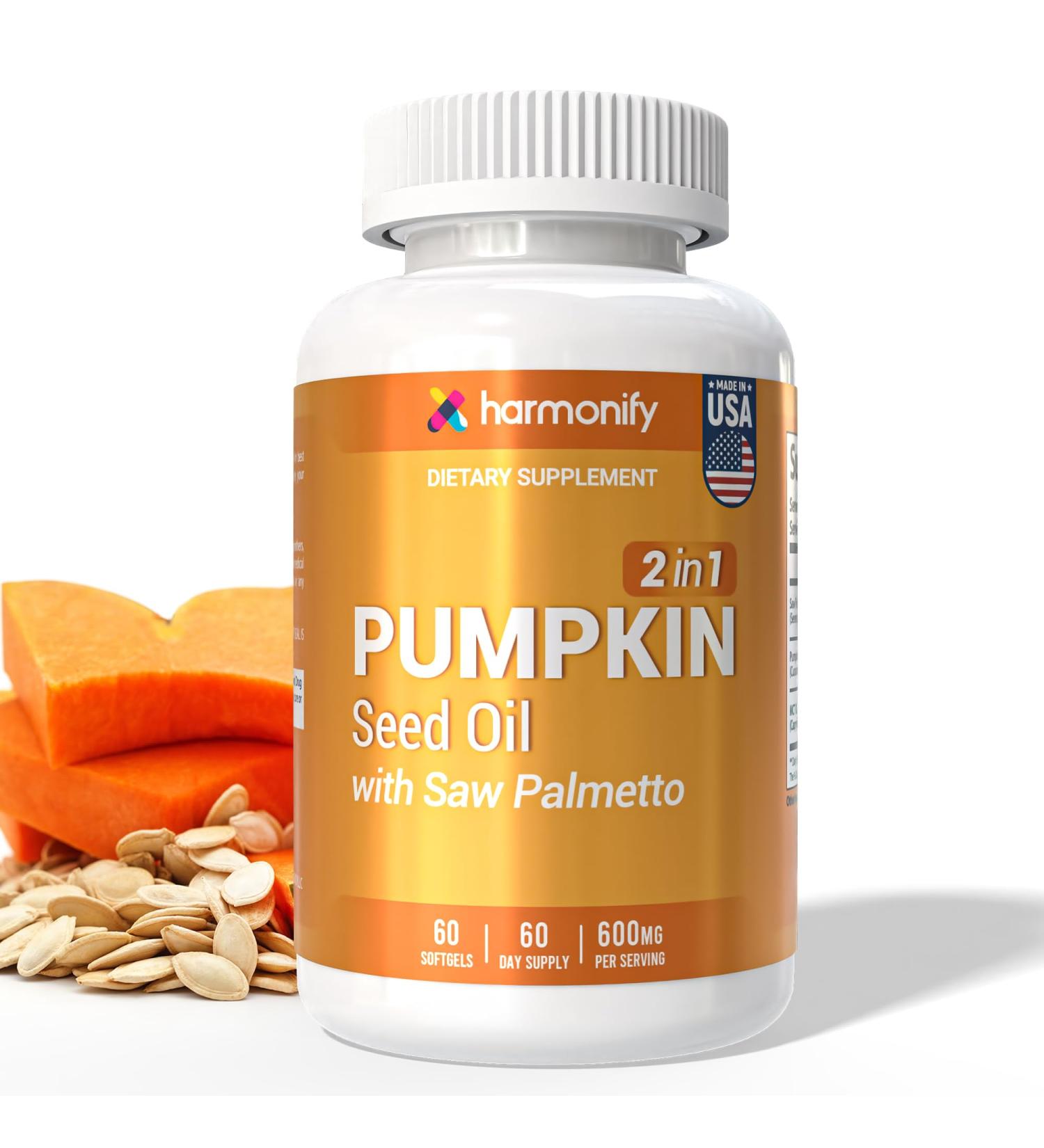 HARMONIFY Pumpkin Seed Oil with Saw Palmetto Softgels 2-in-1 Formula Herbal Supplement Non-GMO & Gluten-Free 60 Days Supply - Buy Online on GoSupps.com