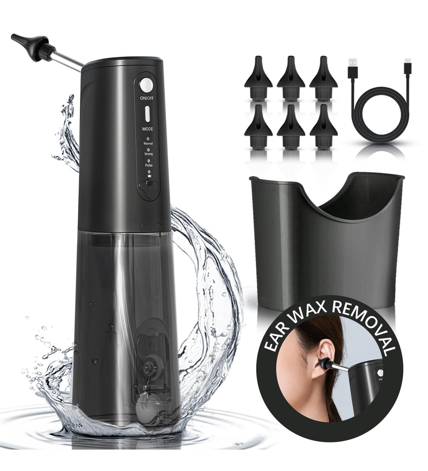 Electric Ear Wax Removal - Water Powered Ear Cleaner Kit with 6 Reusable Tips - Safe & Effective Ear Irrigation System for Adults (Black - Buy Online on GoSupps.com