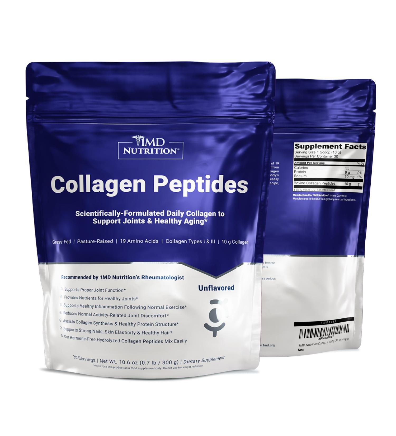 1MD Nutrition Collagen Peptides - Hydrolyzed Collagen Powder Types I & III for Women & Men - Joint Hair & Nail Support - Unflavored - 30 Servings (2-Pack) - Buy Online on GoSupps.com