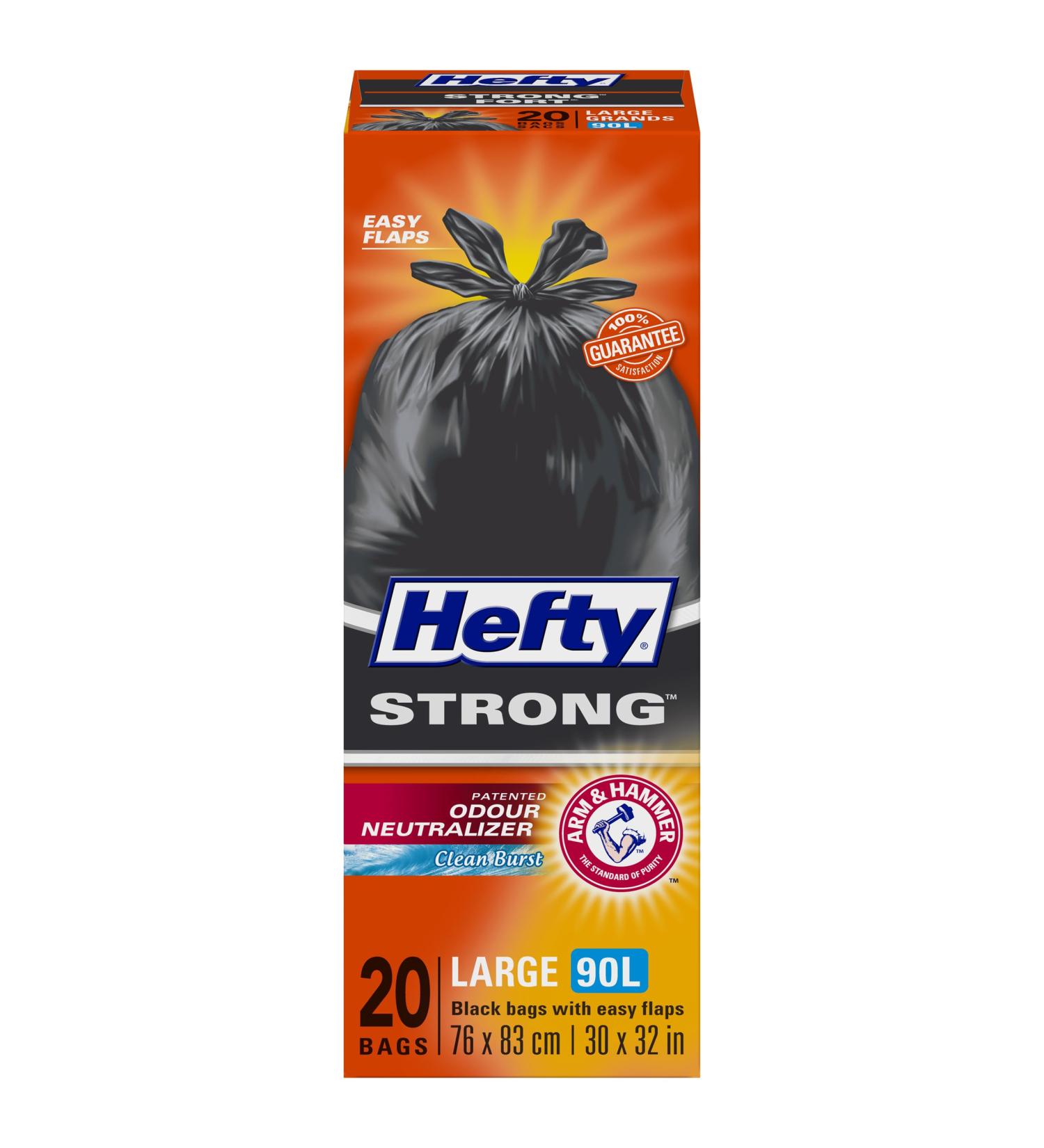 Hefty Garbage Bags Strong Large 90 Litres Black Easy Flaps Arm & Hammer odour neutralizer 20 Bags 20 count (Pack of 1) Black Garbage - Buy Online on GoSupps.com