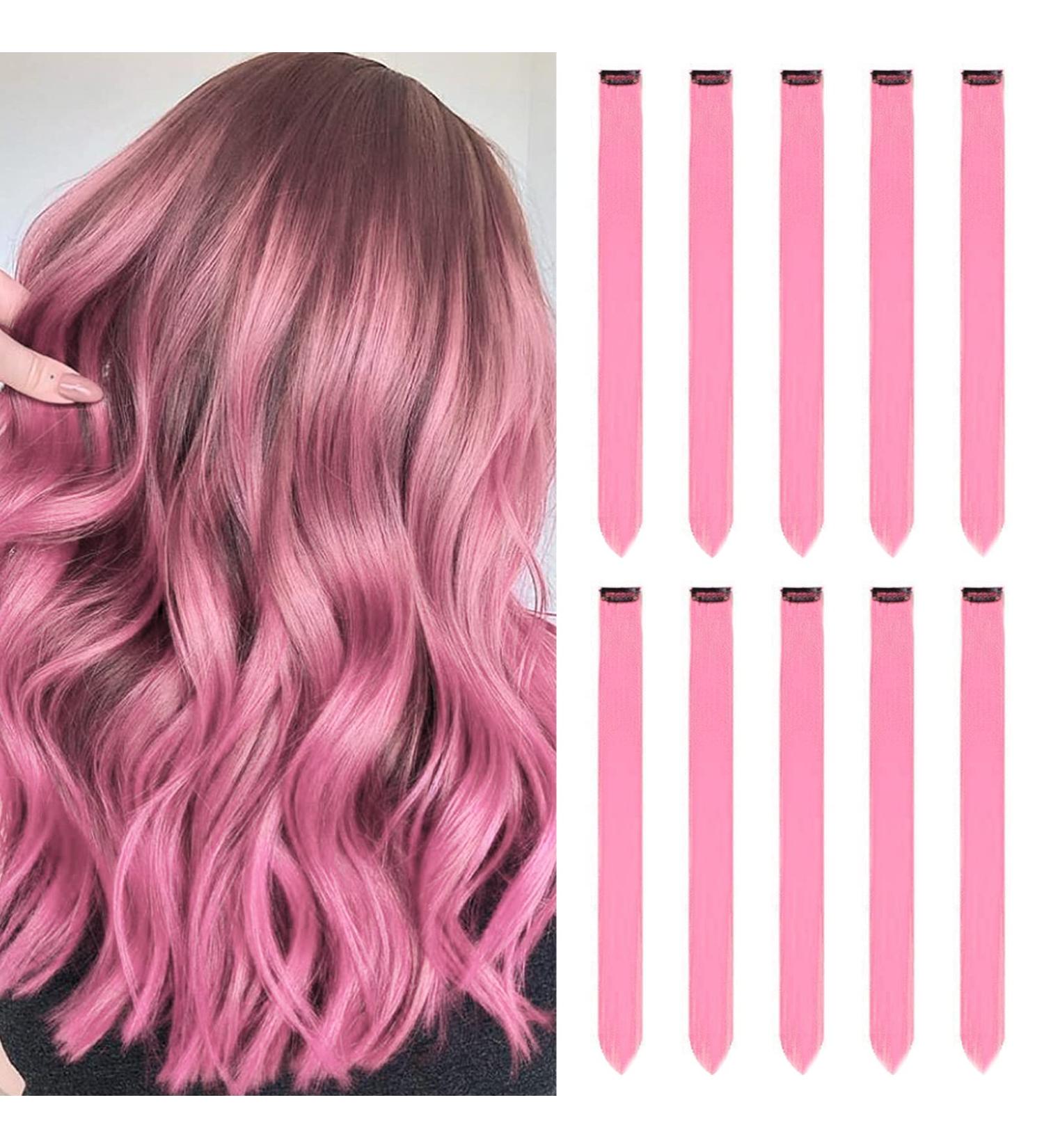 22 Inch Pink Clip-In Hair Extensions for Girls | Colorful Straight Party Highlights | 10 Pcs Hair Accessories for Women & Children - Buy Online on GoSupps.com