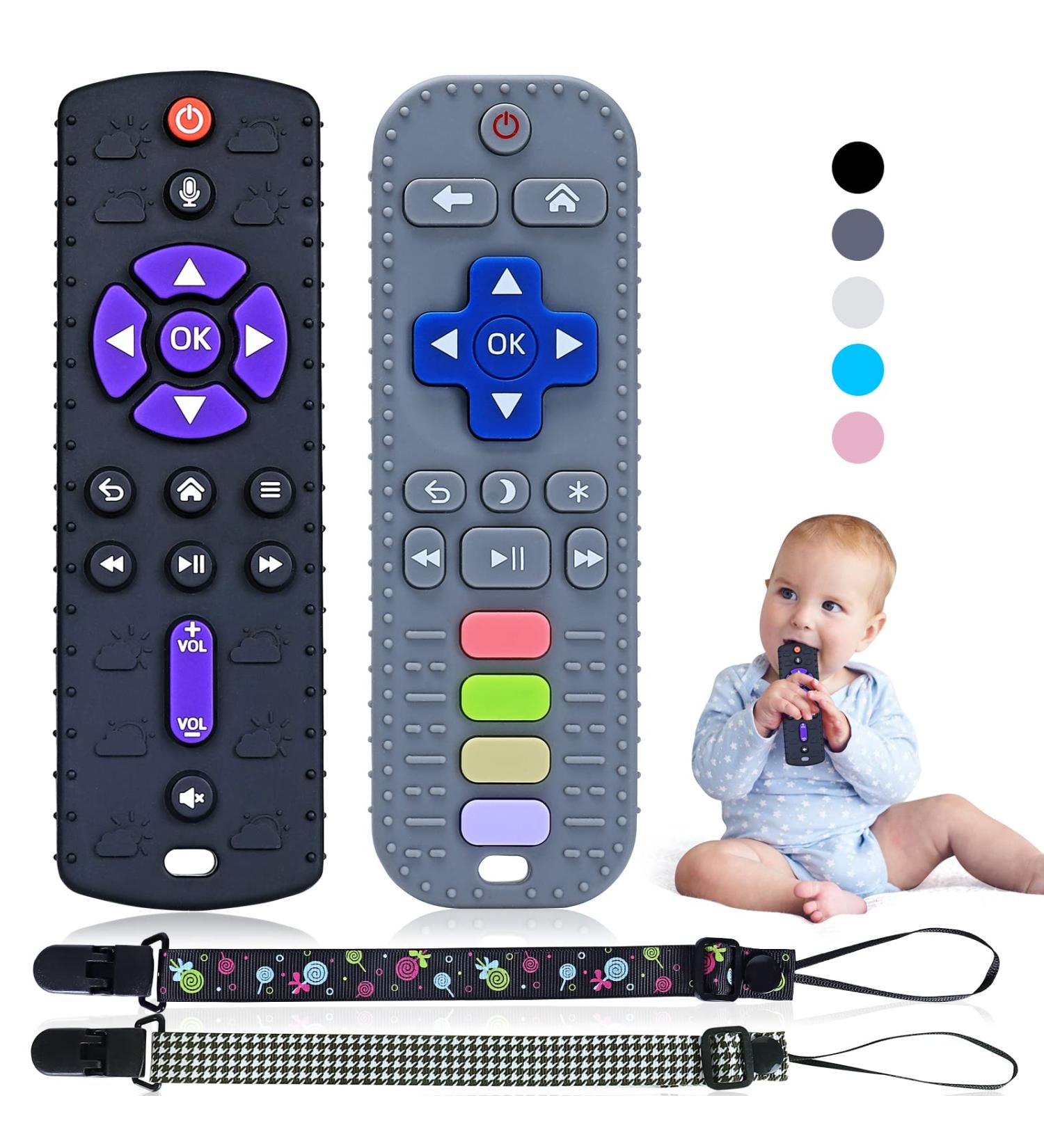 Orzbow 2-Pack Silicone Bite Ring for Babies - BPA-Free Dental Aid & Pressable Buttons - Biting Toys with Pacifier Chain for 0-12+ Months - Black/Dark Gray - Buy Online on GoSupps.com