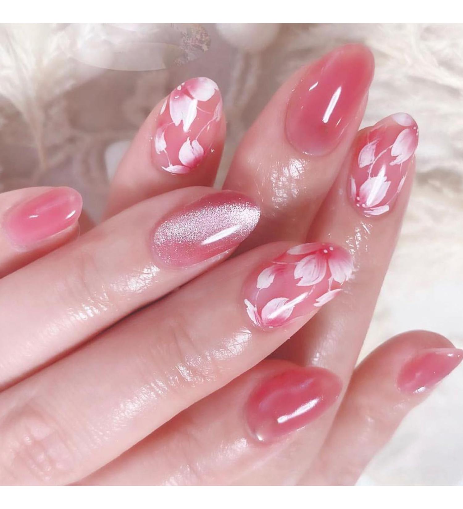 False Nails Short - 24Pcs Almond Fake Nails with Glue - Blush Pink Flower Press on Nails Pattern - Oval Stick on Nails - French Nail Tips with Nail Glue for Women Girls Nail Art (Pink Blush Glitter) Floral - Buy Online on GoSupps.com