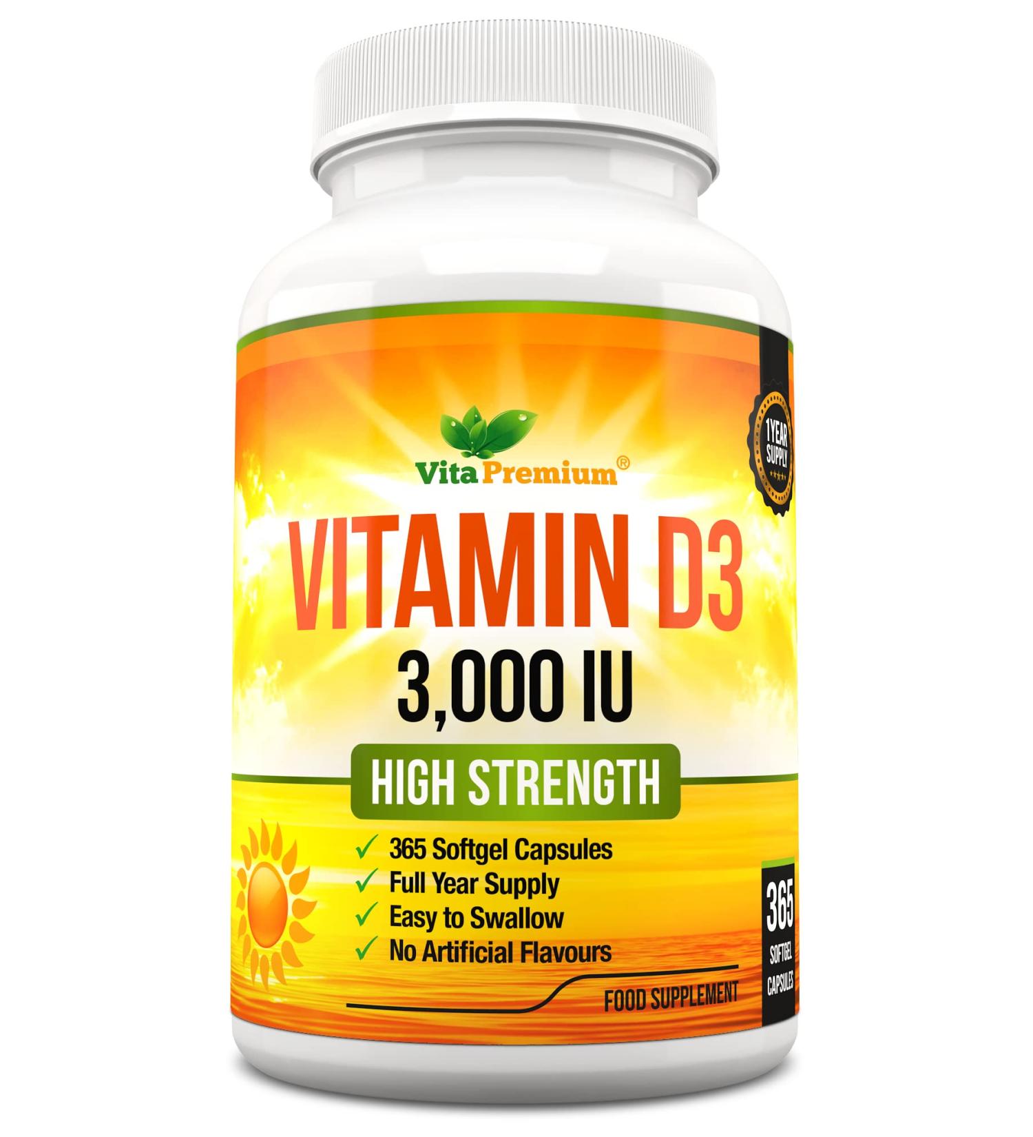 High Strength Vitamin D3 3000 IU Supplement - 365 Easy Swallow Softgels | Full Year Supply - Buy Online on GoSupps.com