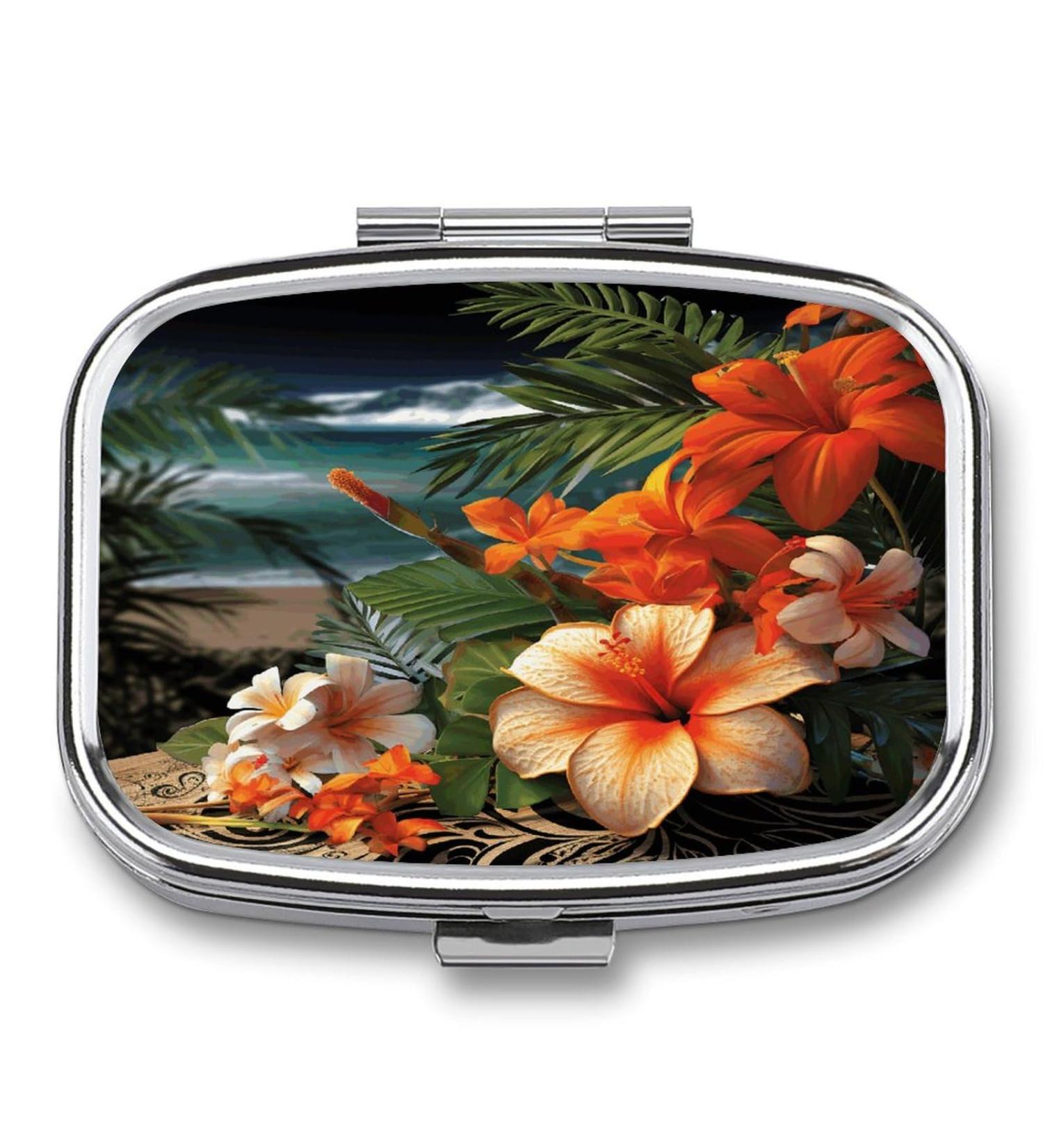 Buy Tropical Flowers Pill Box - 2 Compartment Decorative Metal Organizer for Travel | Portable Medicine Case for Pocket & Purse - Buy Online on GoSupps.com