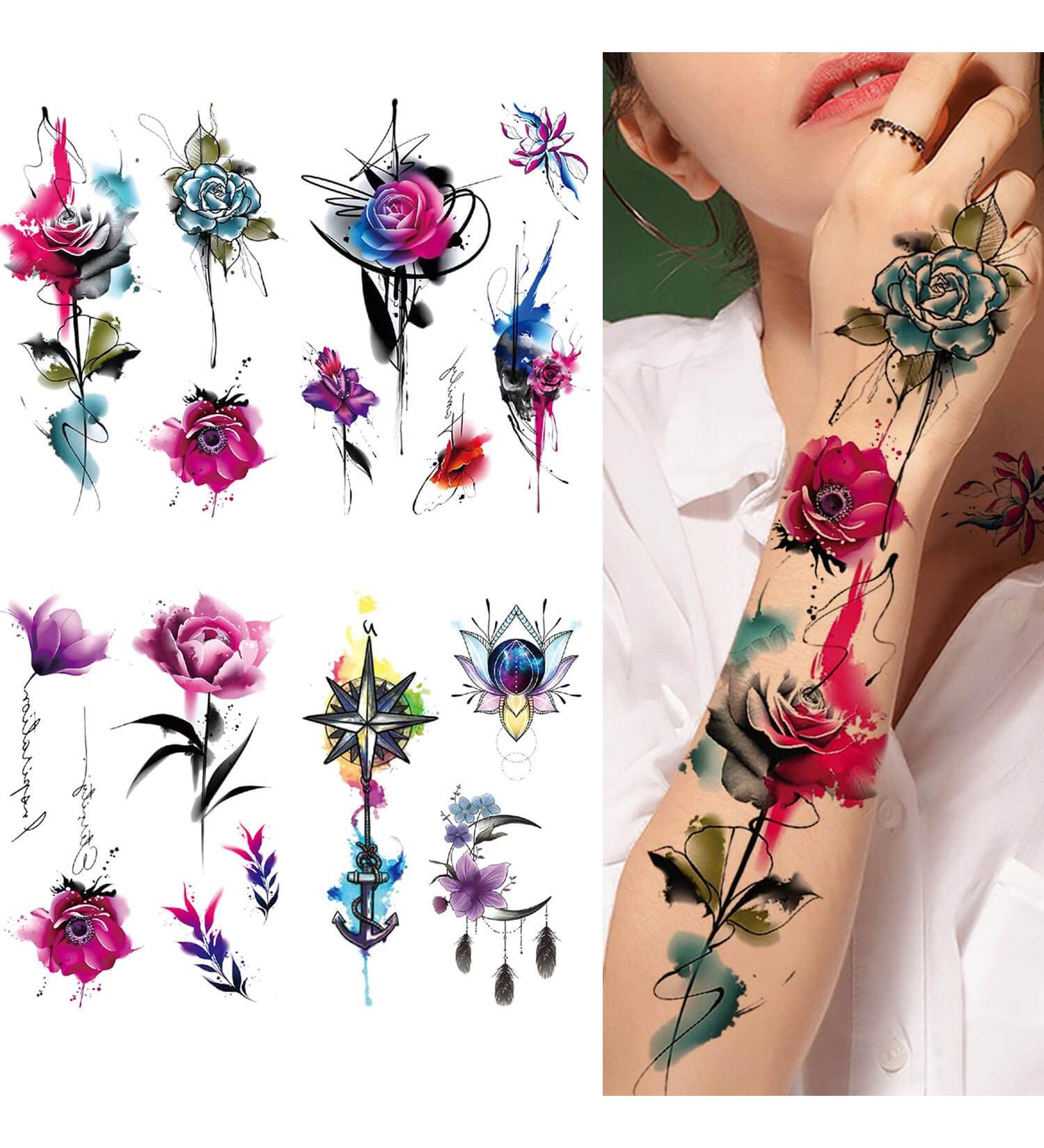GlaryYears Watercolor Rose Temporary Tattoos - 10 Sheets for Women | Large Waterproof Henna Flower Fake Tattoo Stickers for Arm, Shoulder, Wrist & Body Art - Buy Online on GoSupps.com