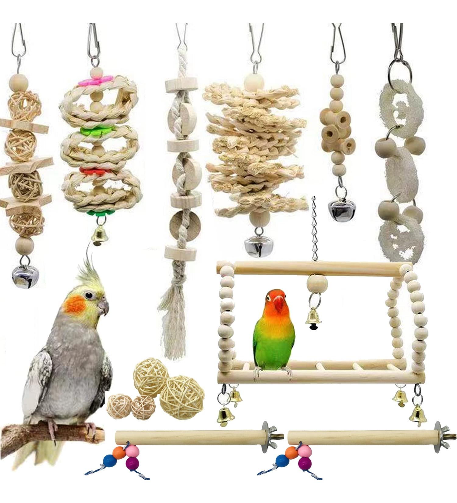 Allazone Bird Parrot Toys 14 PCS Hanging Bell Pet Bird Cage Hammock Swing Toy Bird Perch Toys Wooden Chewing Toy for Conures Love Birds Small Parakeets Cockatiels Macaws Style A - Buy Online on GoSupps.com