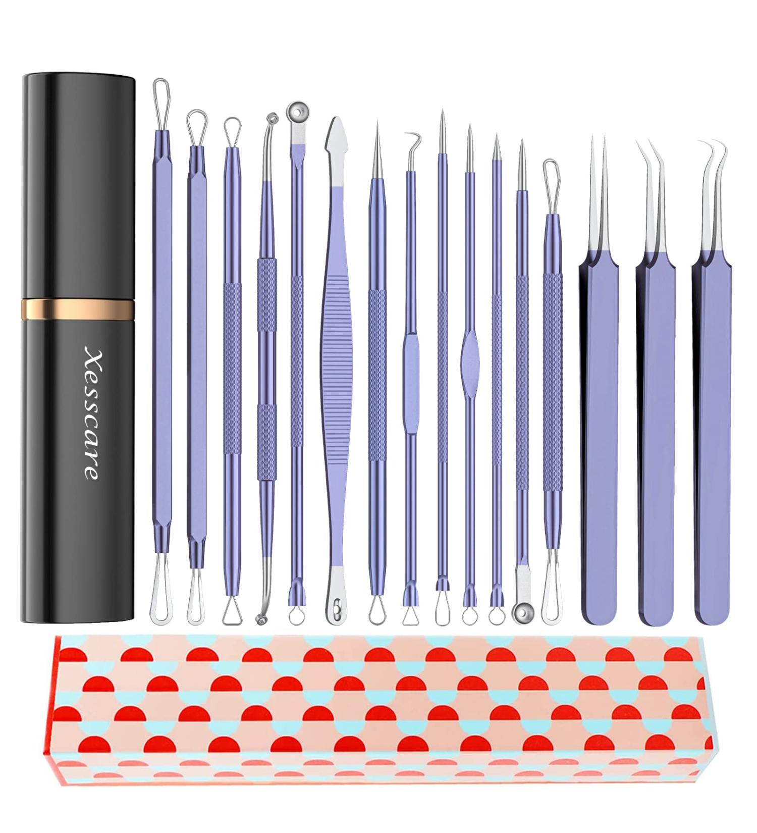 Xesscare 16 Pcs Pimple Popper & Blackhead Remover Tool Kit - Professional Acne Extraction Set with Metal Case - Purple - Buy Online on GoSupps.com