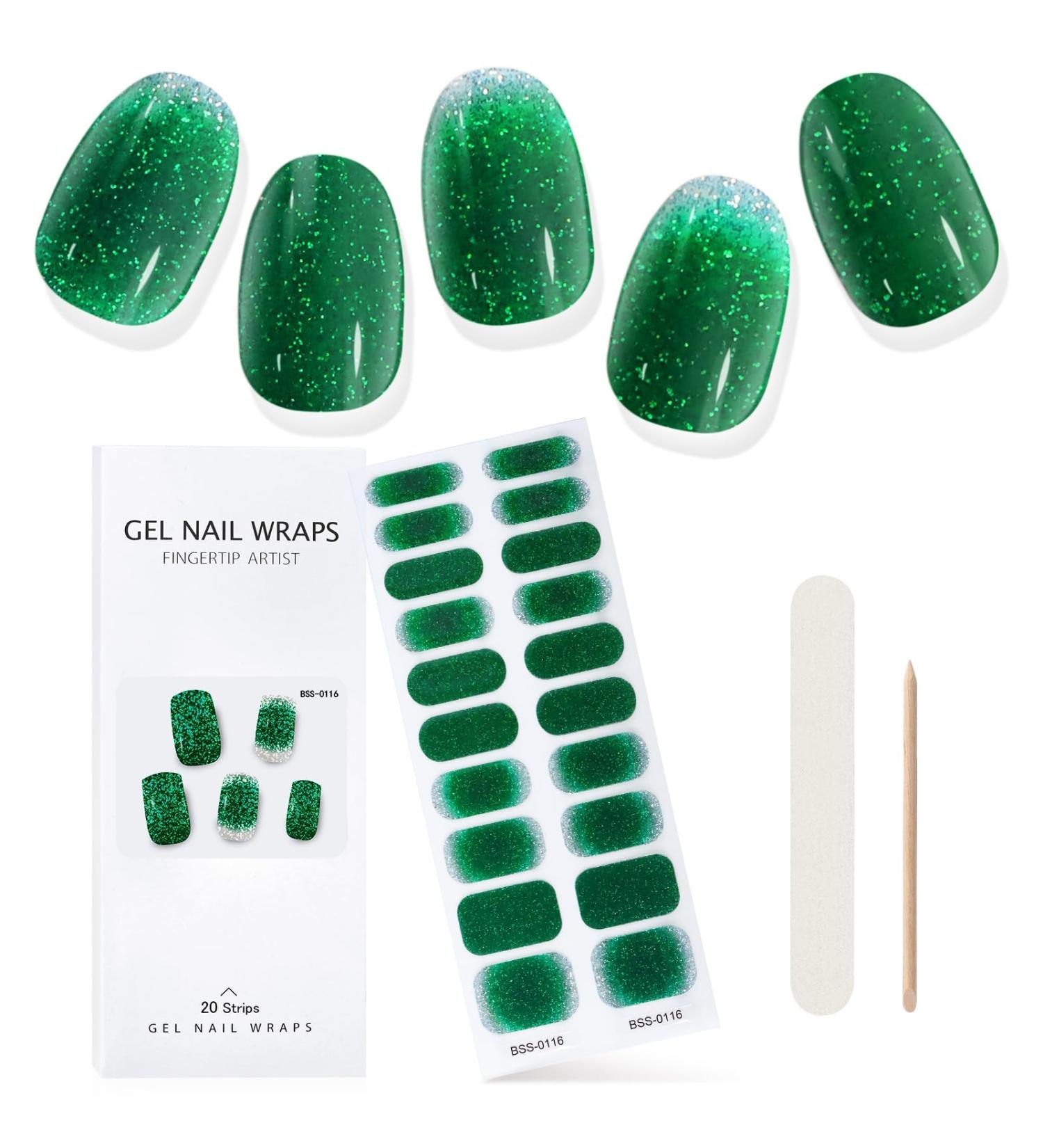 EBANKU Dark Green Glitter Gradient Gel Nail Strips - 20Pcs Waterproof Long-Lasting Real Gel Polish with Nail File | UV/LED Lamp Required - Buy Online on GoSupps.com