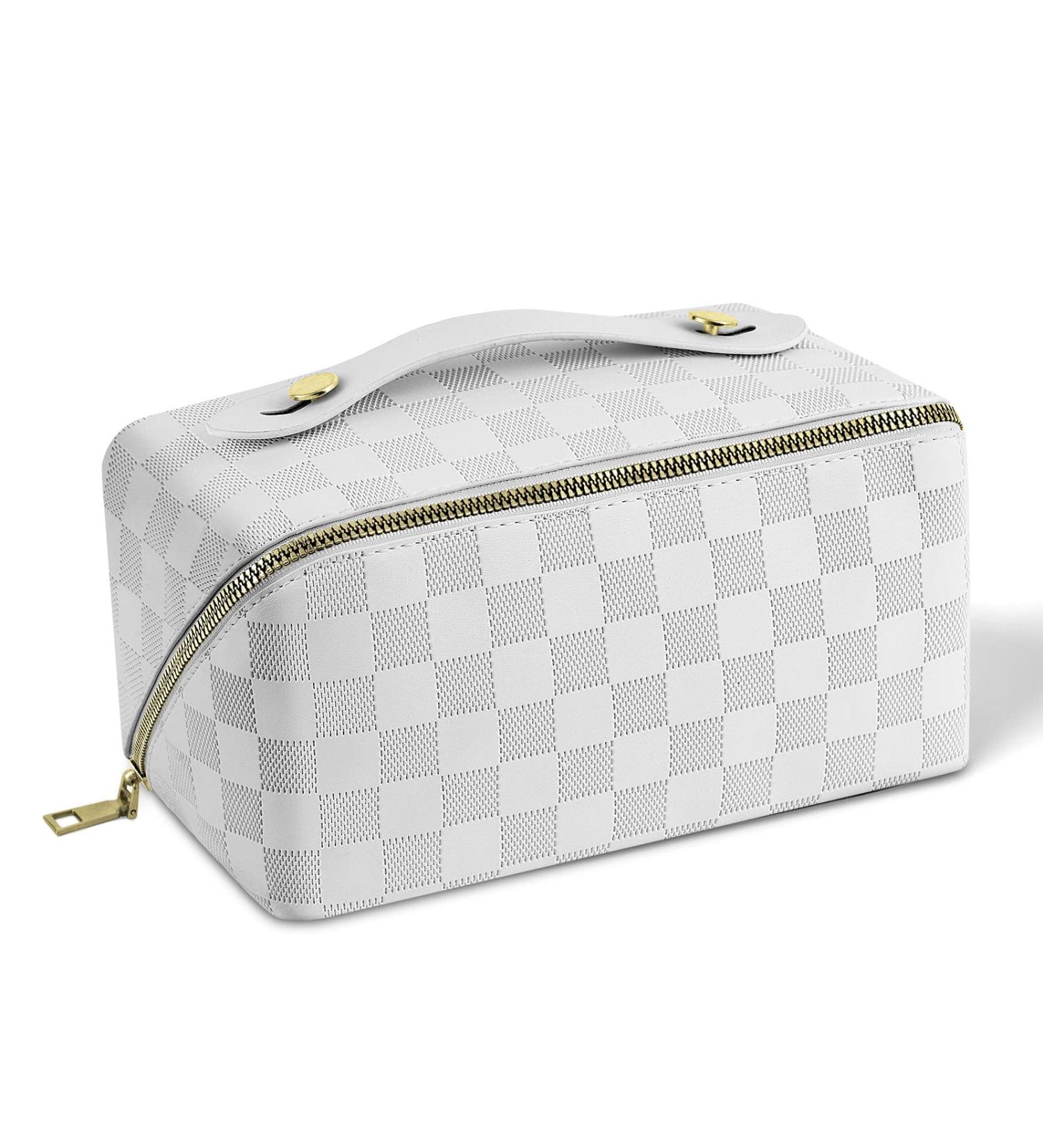 Aucuu Large Capacity Travel Cosmetic Bag for Women Girls PU Leather Waterproof Layered Storage Makeup Bag with Handle Portable Travel Organizer (Checkered White) #14 White-14 - Buy Online on GoSupps.com